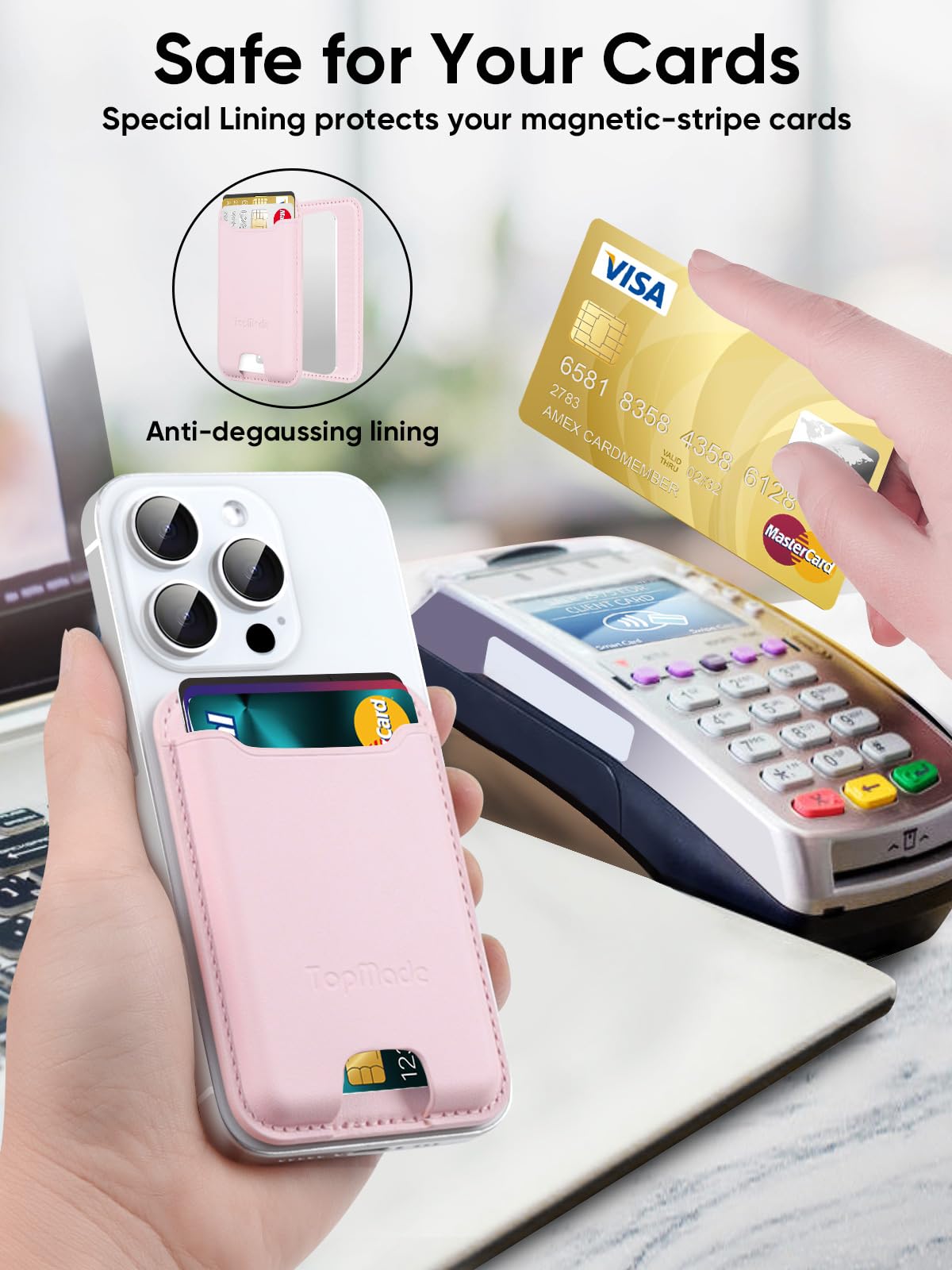 Premium Leather Phone Card Holder with Strong 3M Adhesive - RFID Blocking Wallet Sticker for iPhone, Samsung & Android - Holds 4 Cards (Pink) - Perfect for Travel, Shopping & Everyday Convenience
