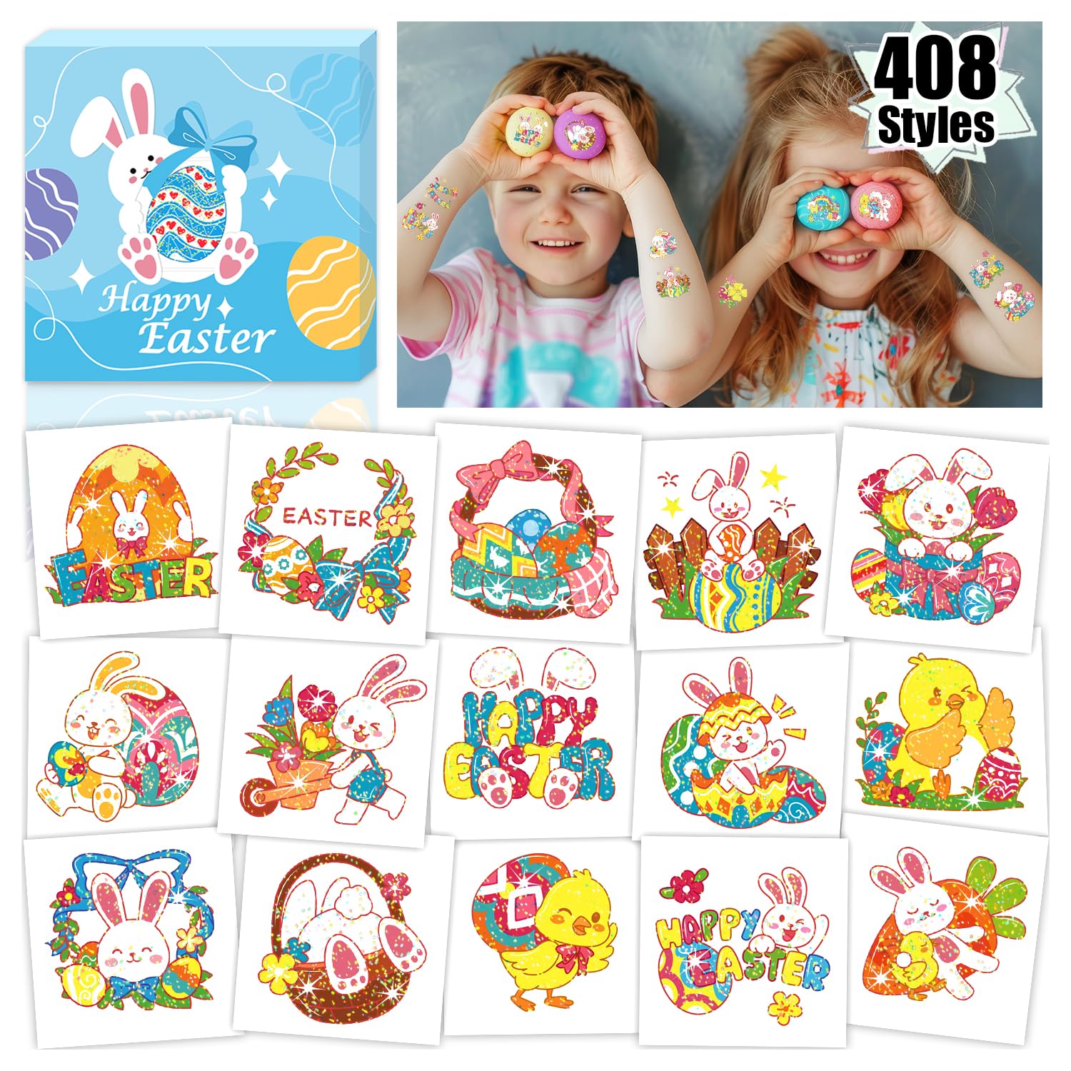 408-Piece Easter Temporary Tattoos for Kids - Glitter Bunny & Egg Stickers for Boys & Girls | Easter Basket Fillers, Spring Party Favors, Goodie Bag Stuffers | Perfect for Easter Egg Hunts, Classroom Rewards & Birthday Party Activities