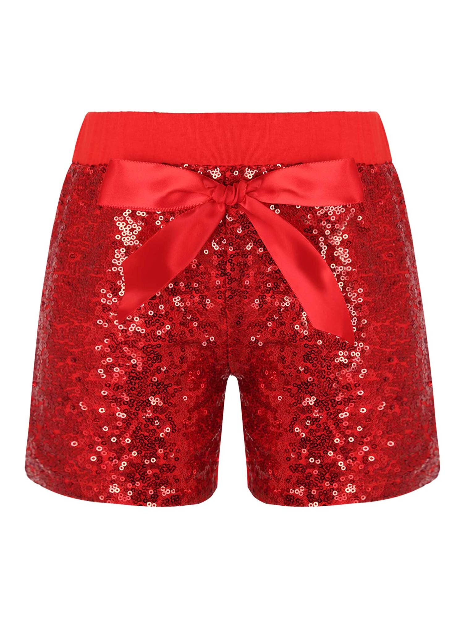 Girl's & Boy's Shiny Sequin Athletic Shorts - Stretchy Dance, Gymnastics & Training Hot Pants with Bowknot - Perfect for Dance Recitals, Gymnastics Practice & Active Play