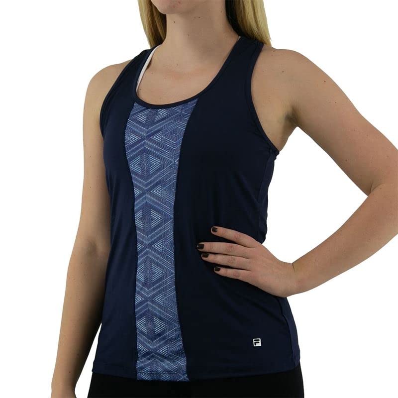 Fila Essentials Racerback Tank Top for Women - Navy Blue with Digital Diamond Print | Workout, Yoga & Gym Activewear | Breathable & Comfortable Athletic Shirt