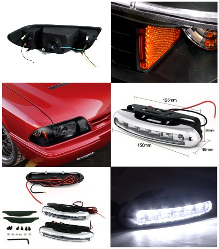 Spec-D Tuning Black Crystal LED Headlights with Built-In Turn Signal & Fog Lamps for Ford Mustang - Upgrade Your Ride with Enhanced Visibility & Style