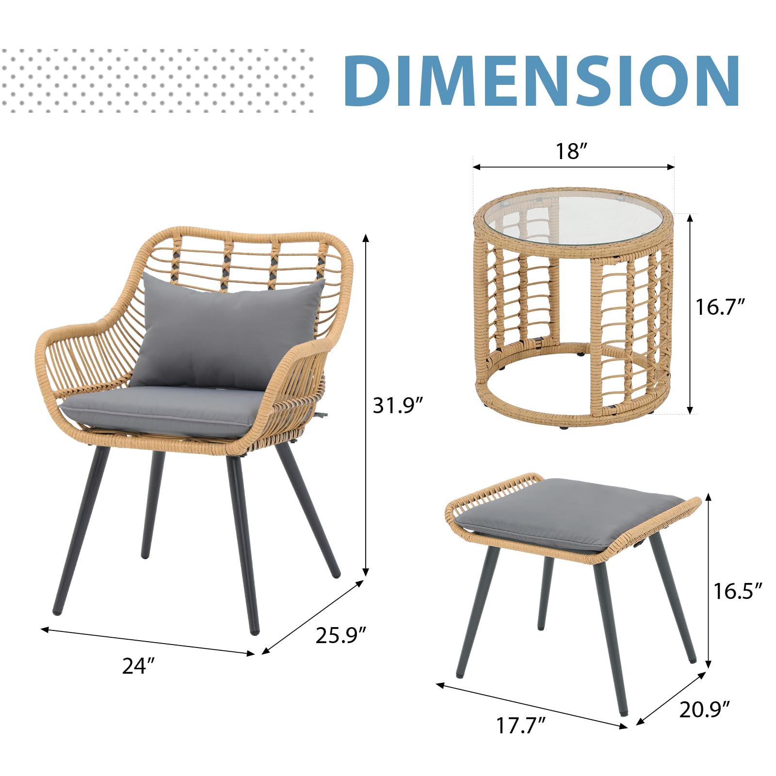JOIVI 5-Piece Outdoor Patio Furniture Set - Wicker Rattan Conversation Set with Gray Cushions, 2 Chairs, Ottoman & Round Side Table for Porch, Balcony, Garden, Backyard - Perfect for Relaxing & Entertaining Outdoors