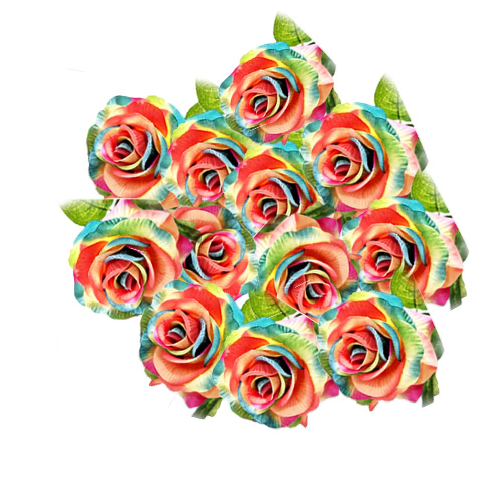 12pcs Artificial Silk Flowers Fake Rose Bouquet - Rainbow Color Wedding Party Home Decor for Centerpieces, Table Arrangements & DIY Crafts