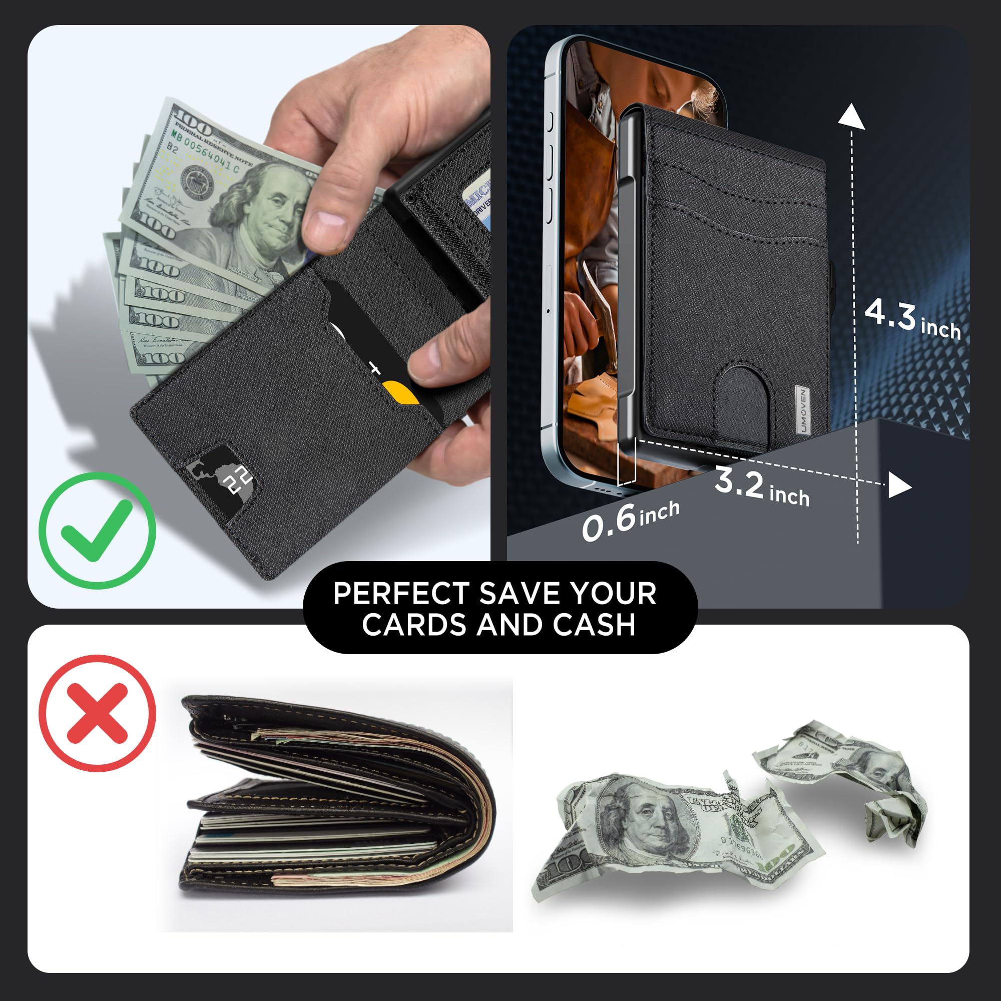Umoven Men's Slim RFID Blocking Aluminum Wallet - Pop Up Case, Cash & Credit Card Slots, ID Window - Minimalist Leather Front Pocket Wallet (Gravel Black) - Perfect for Travel, Business & Everyday Carry