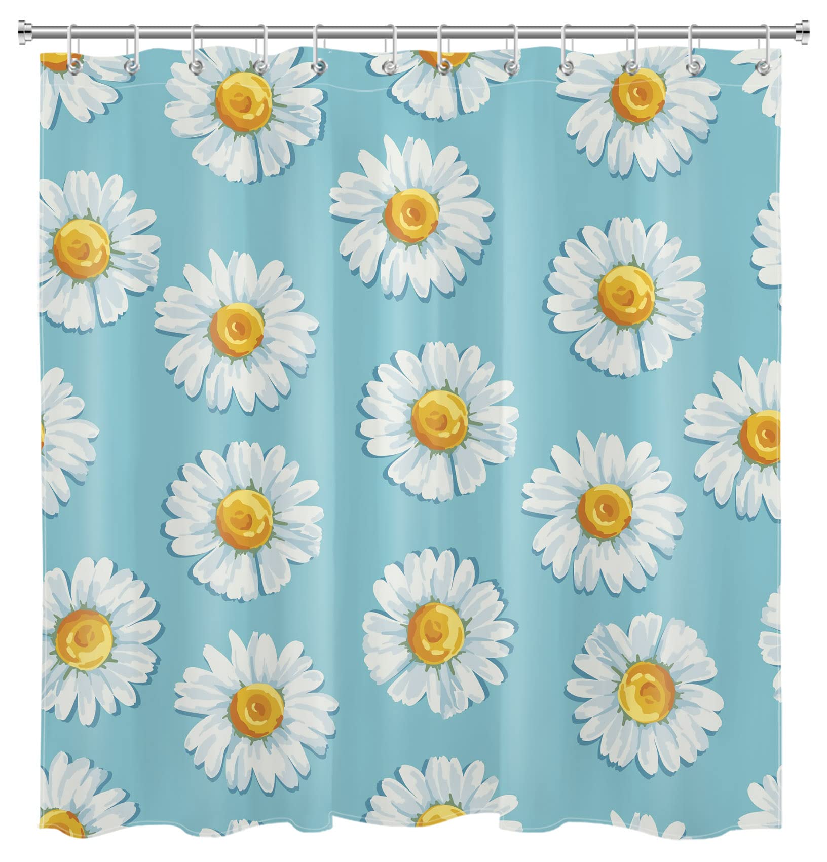 HVEST Blue Watercolor Daisy Shower Curtain - Waterproof Polyester Bathroom Decor with Hooks, 72x78 Inches - Fresh & Nature-Inspired Design for Modern Bathrooms
