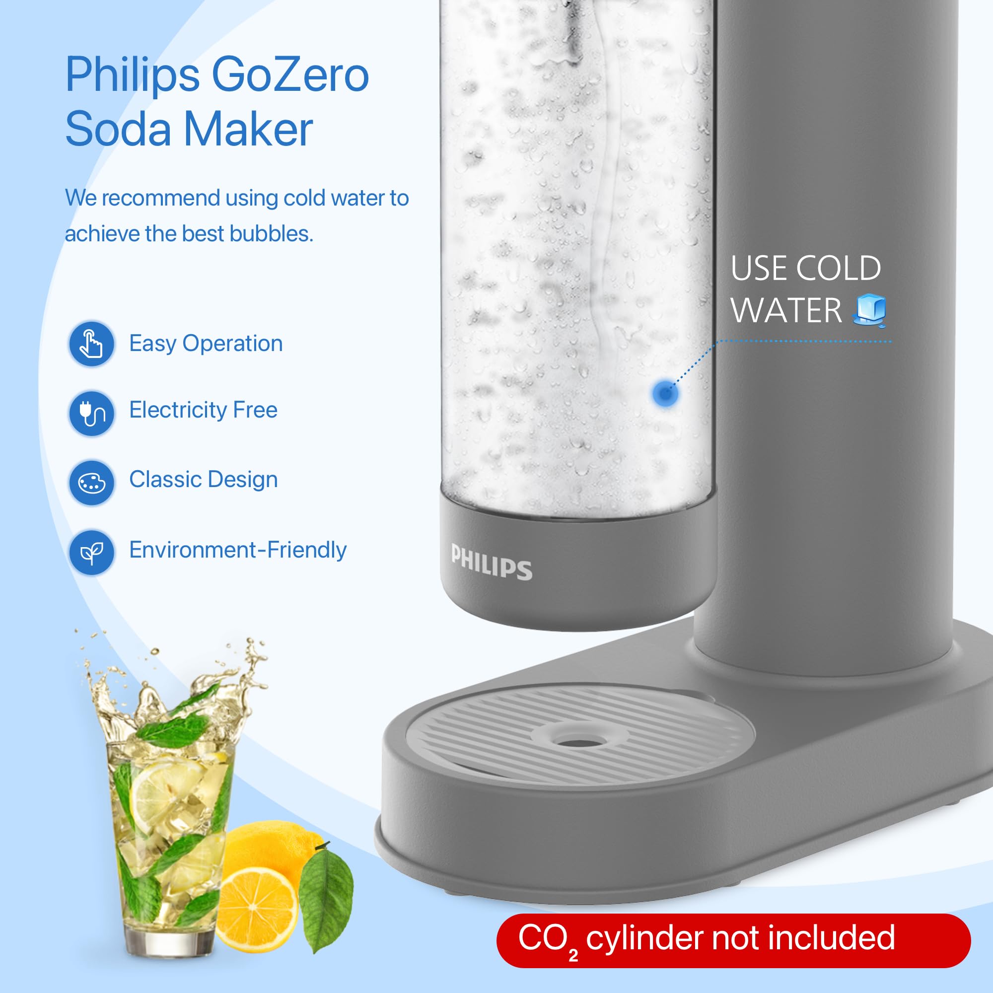 Philips Sparkling Water Maker - Soda Machine with 1L Carbonating Bottle, Quick Twist Technology | Make Fizzy Seltzer Water at Home | Compatible with 60L CO2 Carbonator (Not Included) | Perfect for Parties, Healthy Hydration & Cocktail Mixing | Model ADD4901GROQ/37