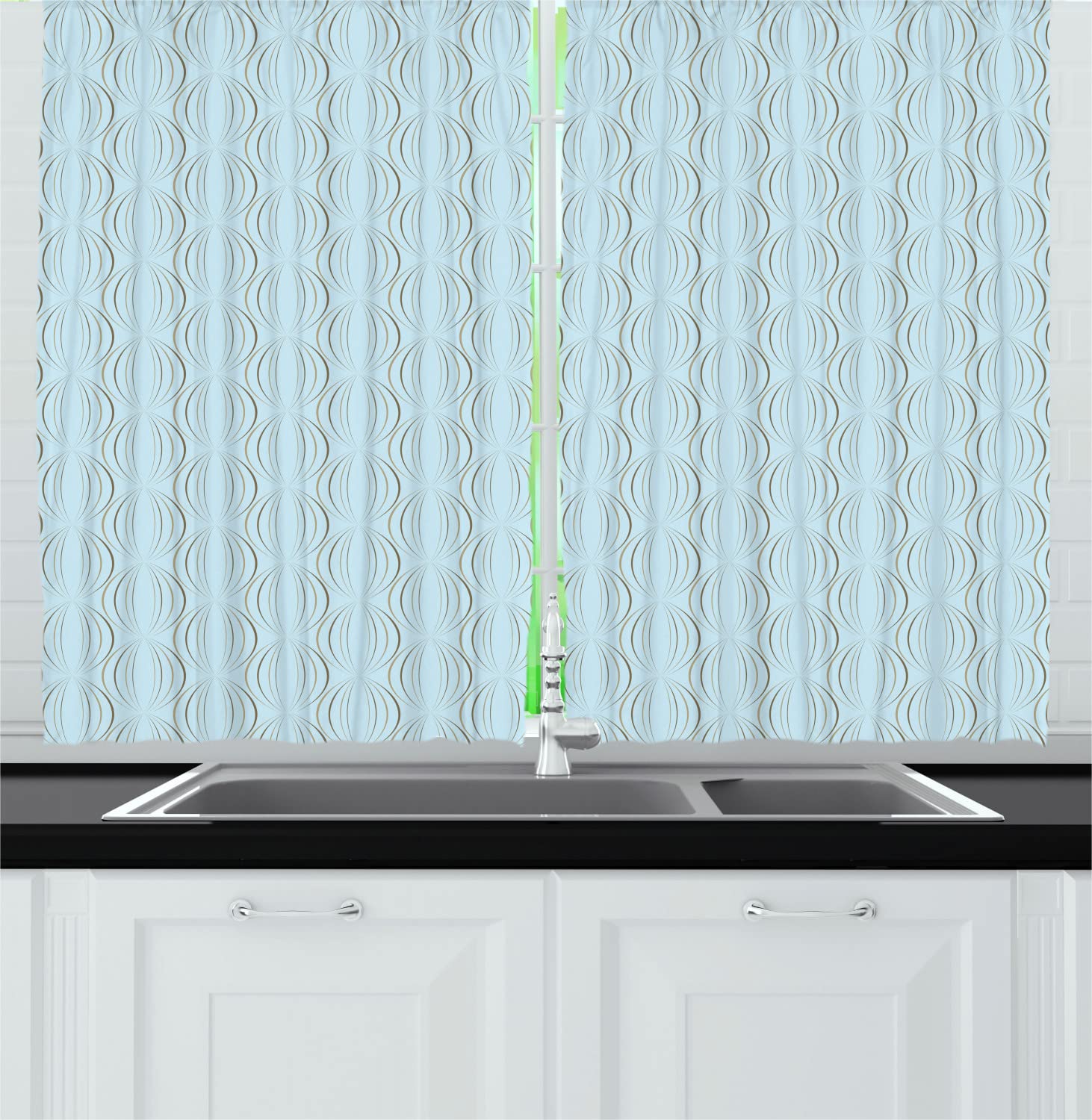 Ambesonne Damask Long Kitchen Curtains - Modern Geometric Round Pattern Drapes with Rod Pocket, 2 Panel Set (55
