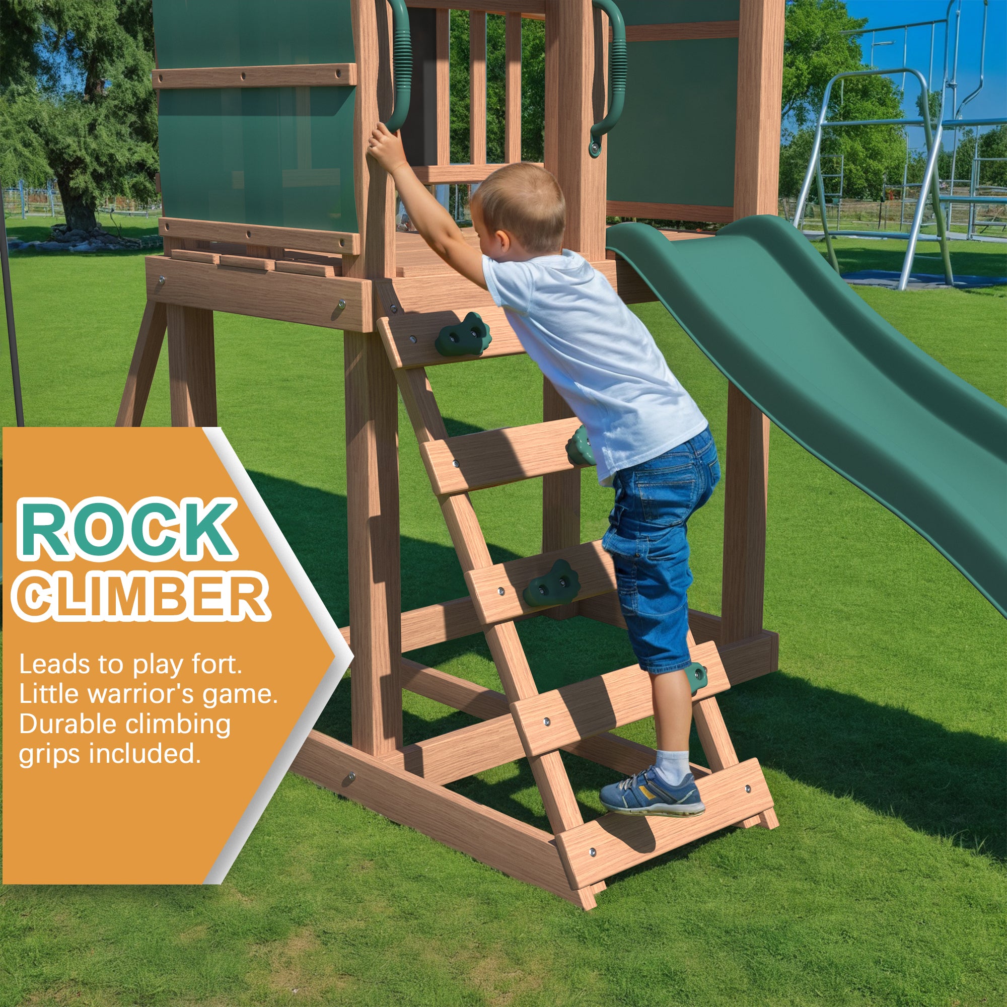 EROMMY 4-in-1 Outdoor Swing Set with Slide, Climbing Rock Wall & Soft Cushion - Kids Backyard Playset for Fun Outdoor Activities, Birthday Gifts & Family Playtime