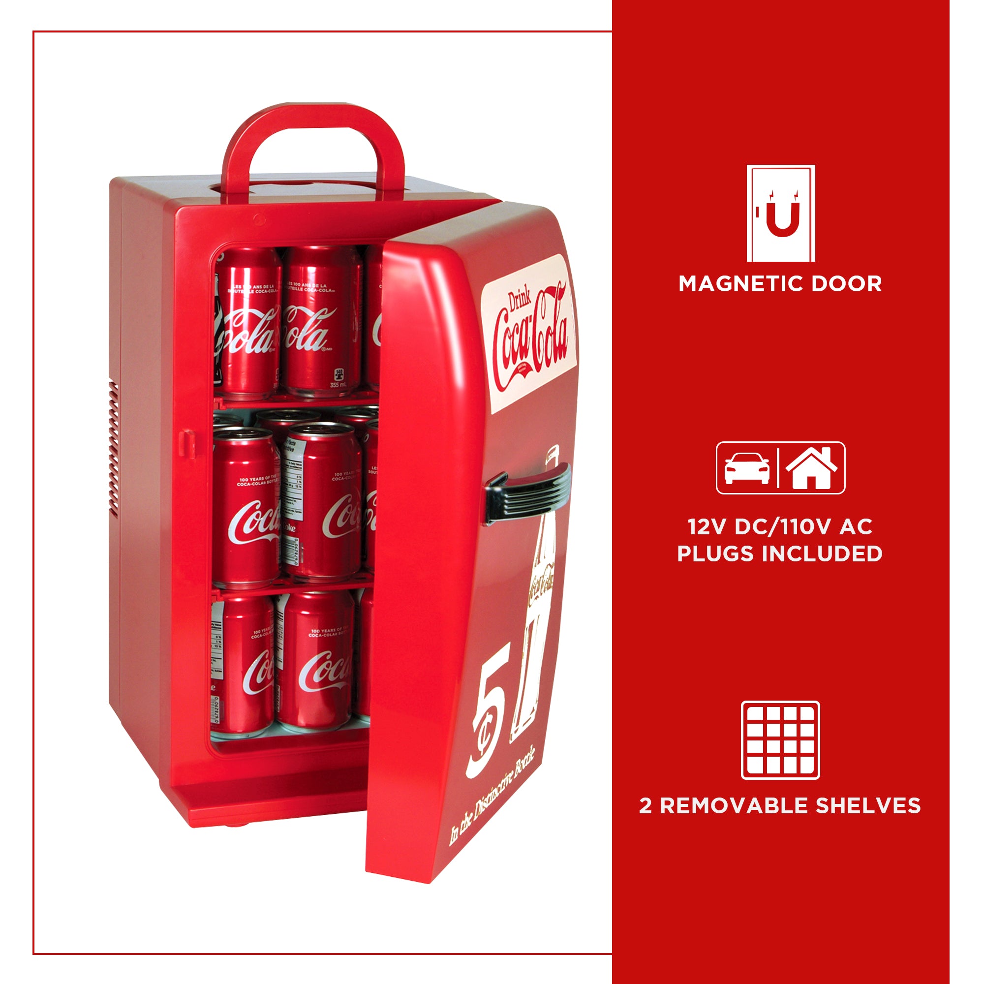 **Coca Cola Retro 18 Can Mini Fridge with 12V DC & 110V AC Cords, 22L (23 qt) Portable Cooler - Red, Compact Beverage & Snack Fridge for Home, Office, Dorm, RV, Travel | Perfect for Drinks, Lunch, Picnics & Road Trips**