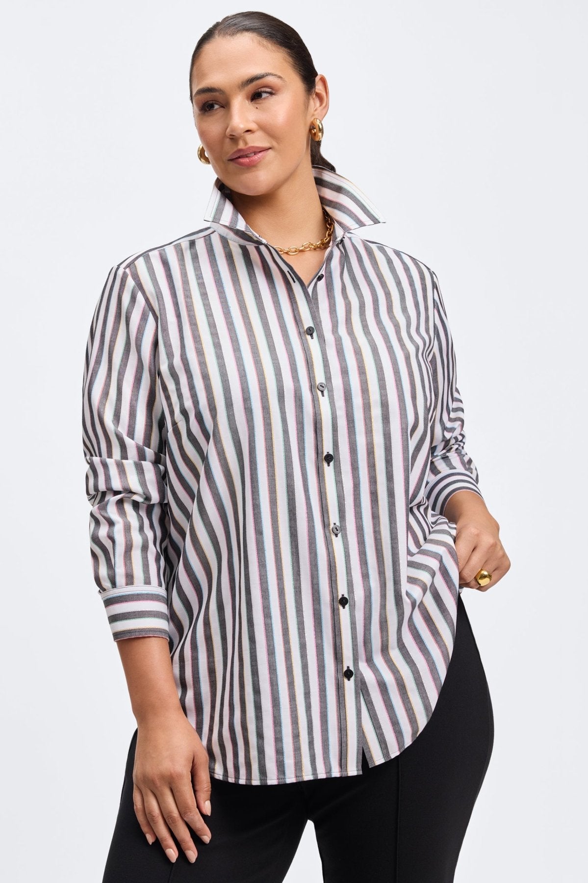 Stylish Boyfriend Plus Size Rainbow Lurex Stripe Long Sleeve Shirt for Women | Trendy Casual & Party Wear