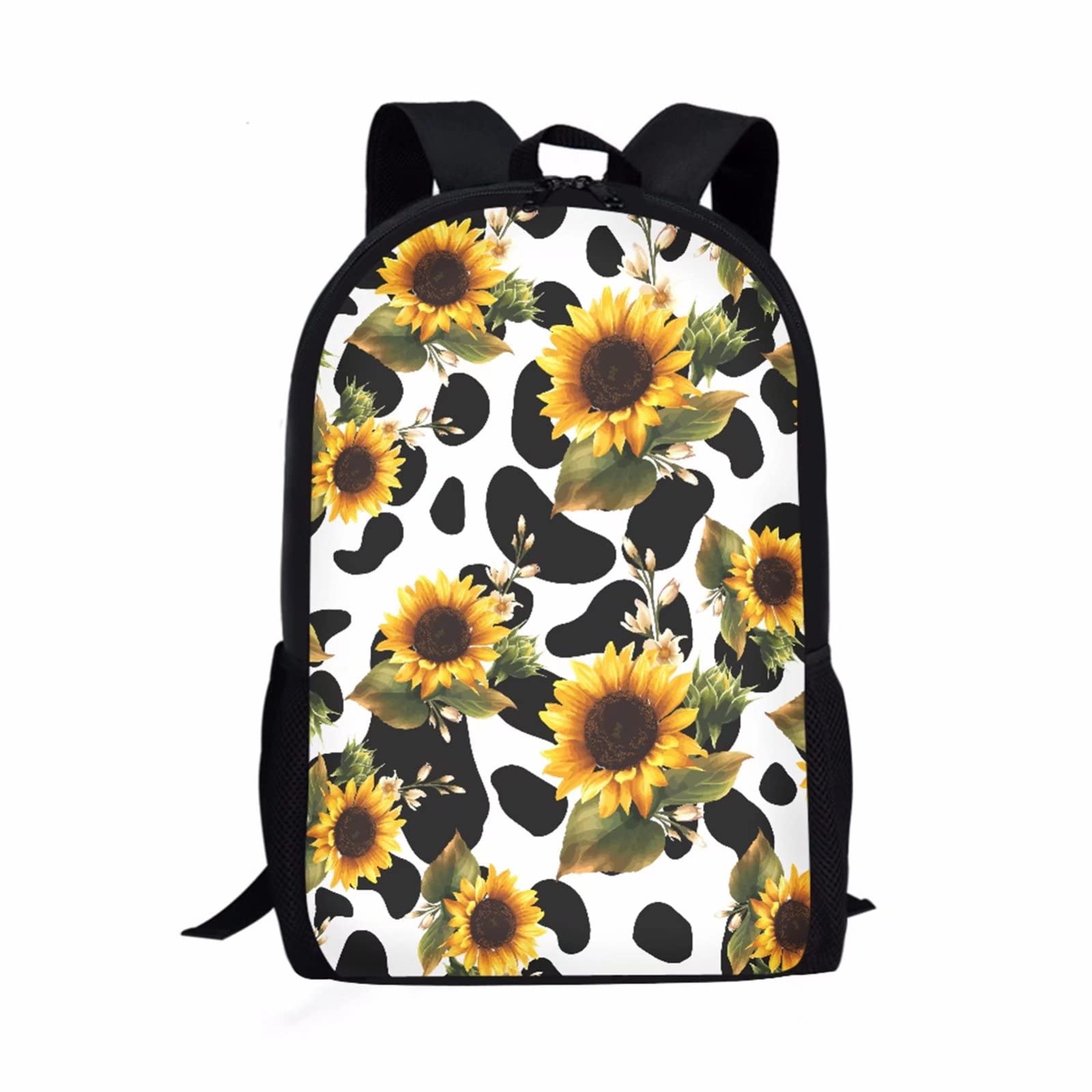 Dolyues 17 Inch Lightweight Kids Backpack - Waterproof Outdoor Sports Bag, School Backpack for Girls, Travel Daypack with Sunflower & Cow Print - Perfect for Hiking, Camping, and Daily School Use