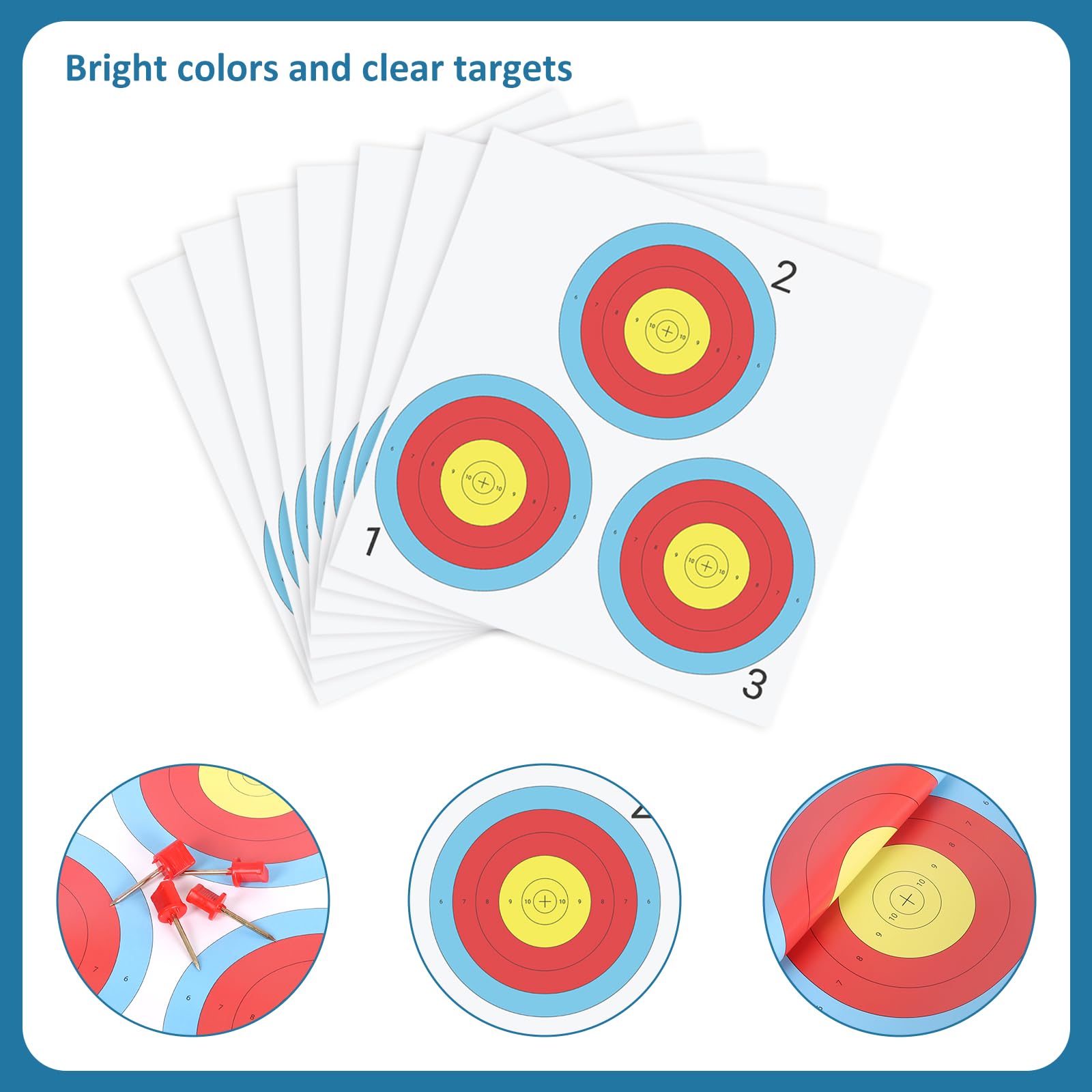 100-Pack 17x17 Inch 3-Spot Archery Target Papers with 4 Target Pins - Durable Bow and Arrow Shooting Practice Targets for Indoor/Outdoor Range Training, Hunting Prep, and Competitive Archery