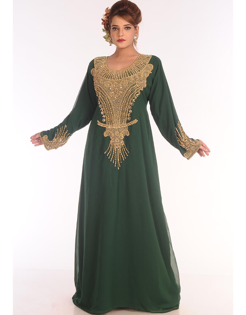 Elegant Arabic Green Georgette Kaftan with Hand Embroidery for Women | Party Wear, Evening Gown & Special Occasion Dresses