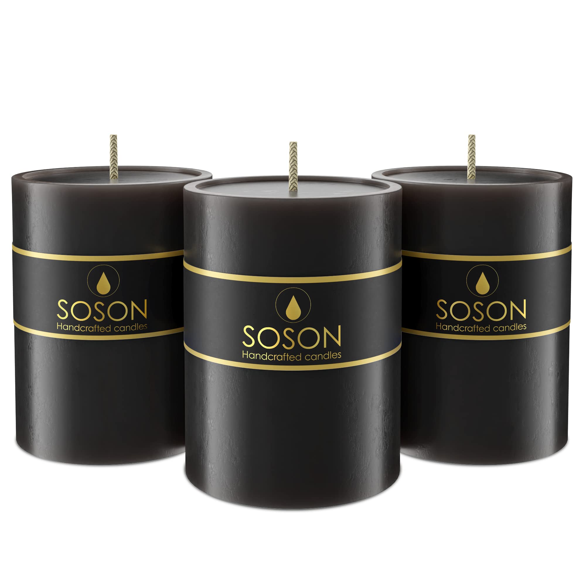 Simply Soson Premium 3x4 Inch Black Pillar Candles Set of 3 - Unscented Decorative Candles for Home Decor, Weddings, Halloween & Fall Centerpieces - Bulk Pillar Candles for Candle Holders, Tablescapes & Holiday Decorations