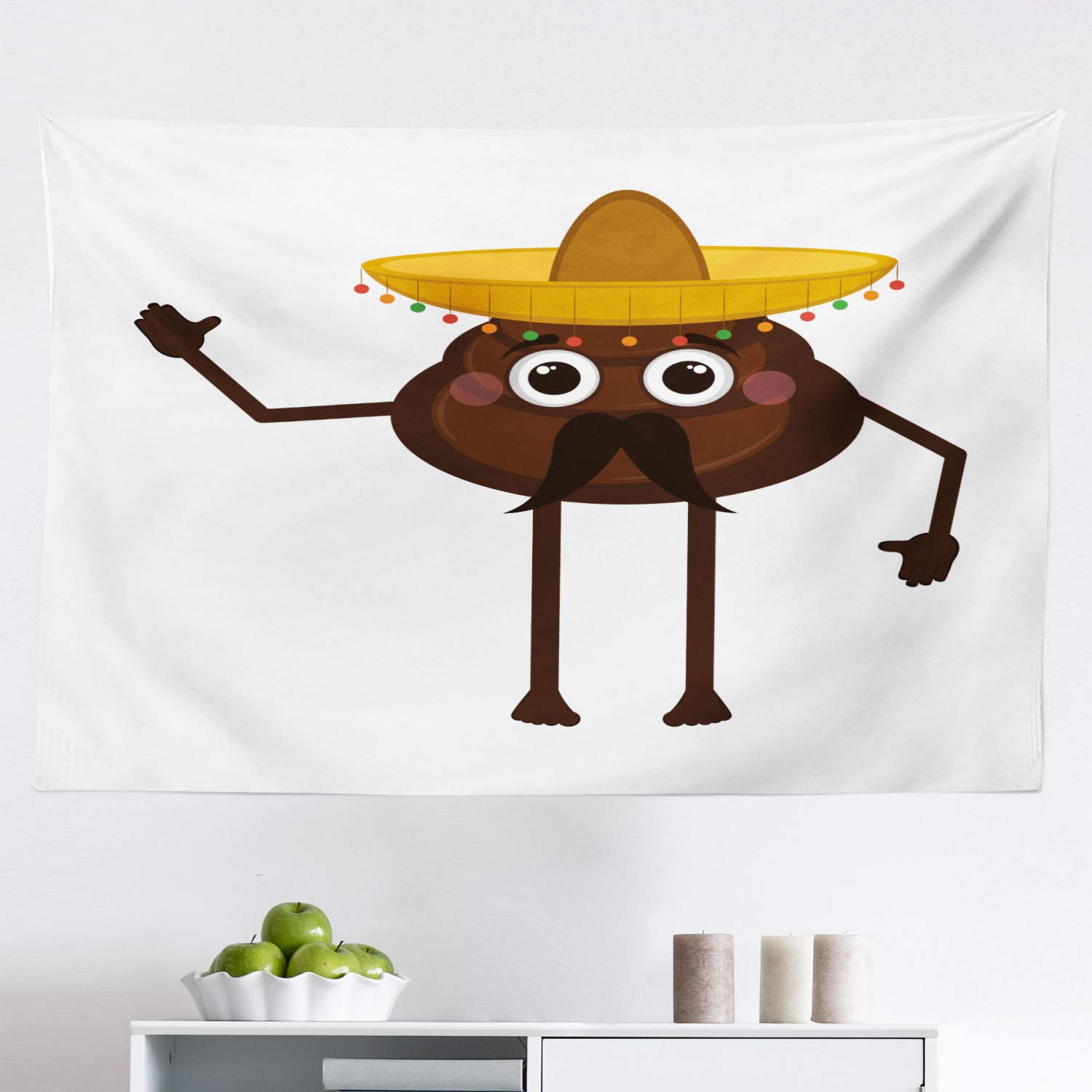 Ambesonne Funny Poop Emoticon Tapestry - Cartoon Mexican Turd with Hat & Mustache Wall Art Decor | 45x30 Inch Fabric Hanging for Bedroom, Living Room, Dorm | Perfect for Teen Rooms, College Dorms & Humorous Home Decor