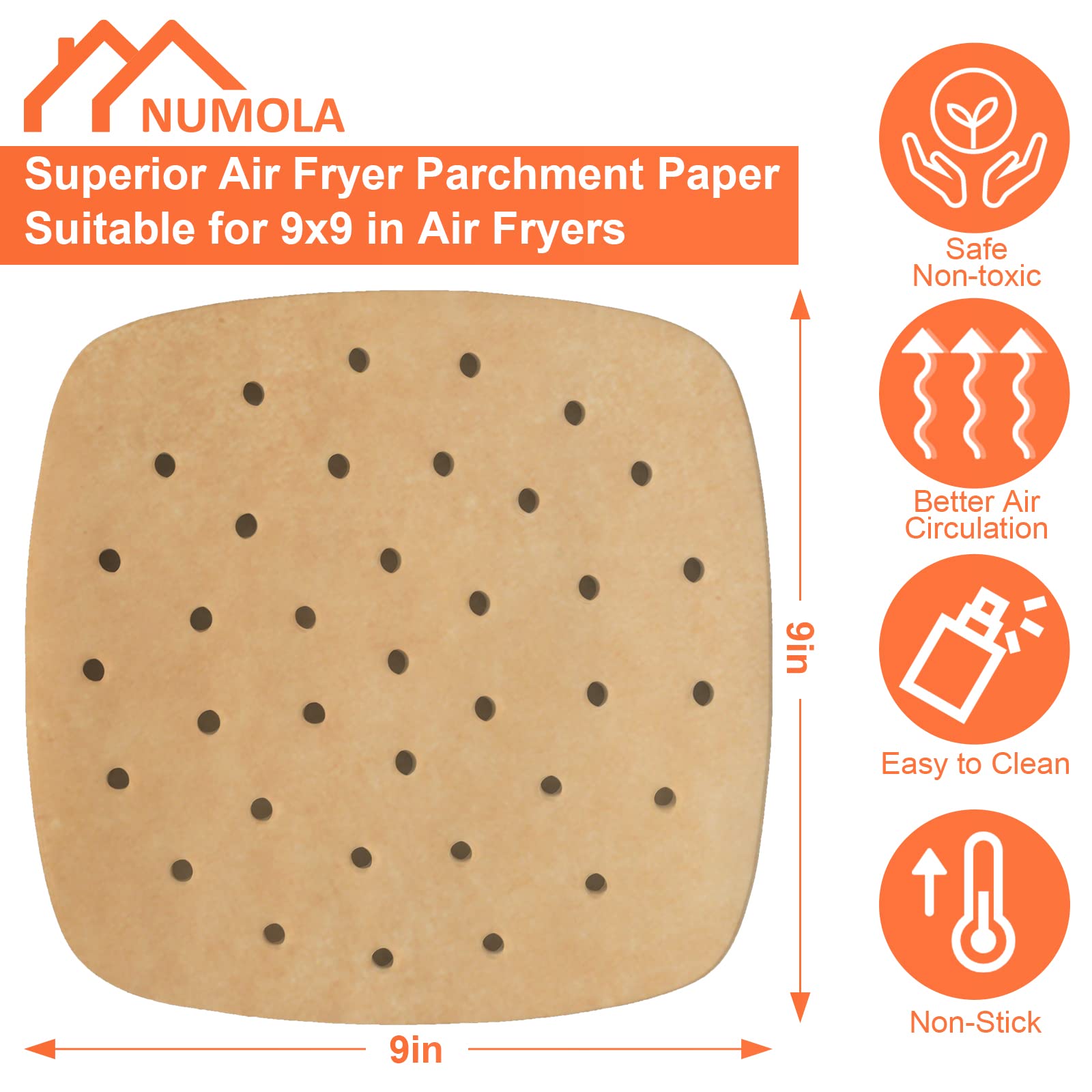 Numola 100 Pcs 9 Inch Square Air Fryer Liners - Disposable Perforated Parchment Paper Sheets for Baking, Non-Stick Steamer Liner for Oven, Microwave & Steaming Basket - Perfect for Healthy Cooking & Meal Prep