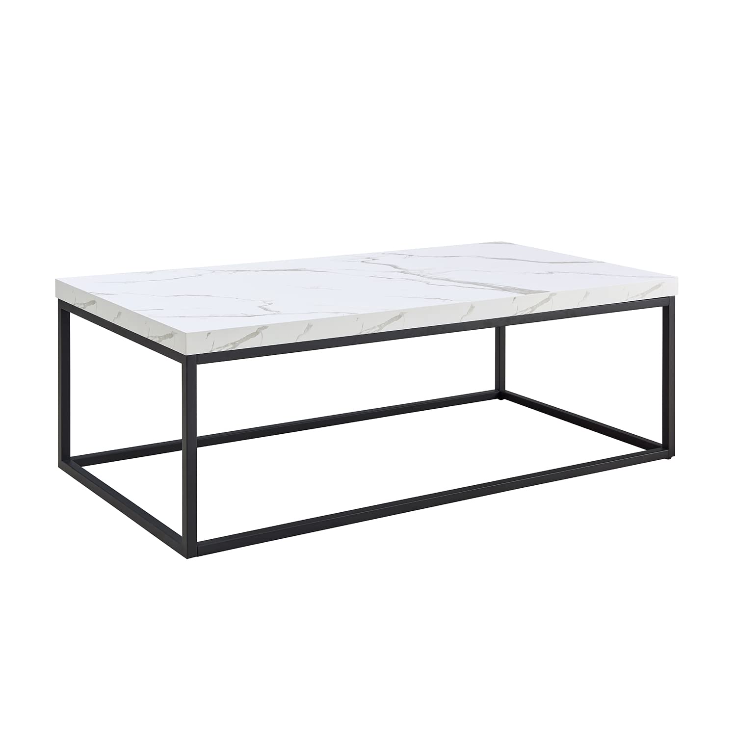 Modern Industrial CENSI 47-Inch Rectangle Marble Coffee Table Ottoman with Wood & Metal Base - White Marble Top for Living Room, Lounge & Office Decor