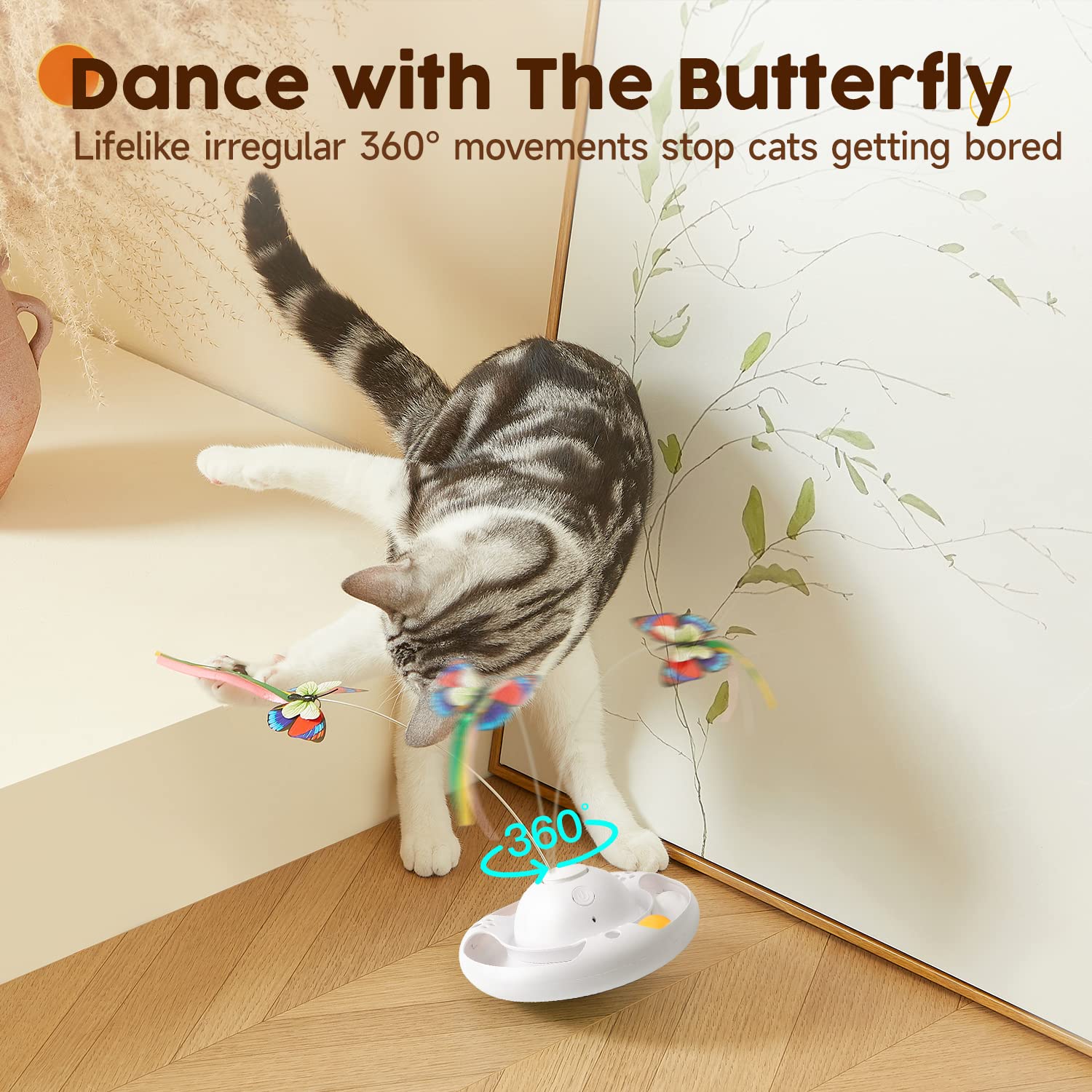 Potaroma Electric Fluttering Butterfly Cat Toy - Smart Interactive Electronic Kitten Toy with Bell Track Balls for Indoor Exercise & Play - Requires 3 AA Batteries (Bright White) - Perfect for Stimulating Playtime & Keeping Cats Active