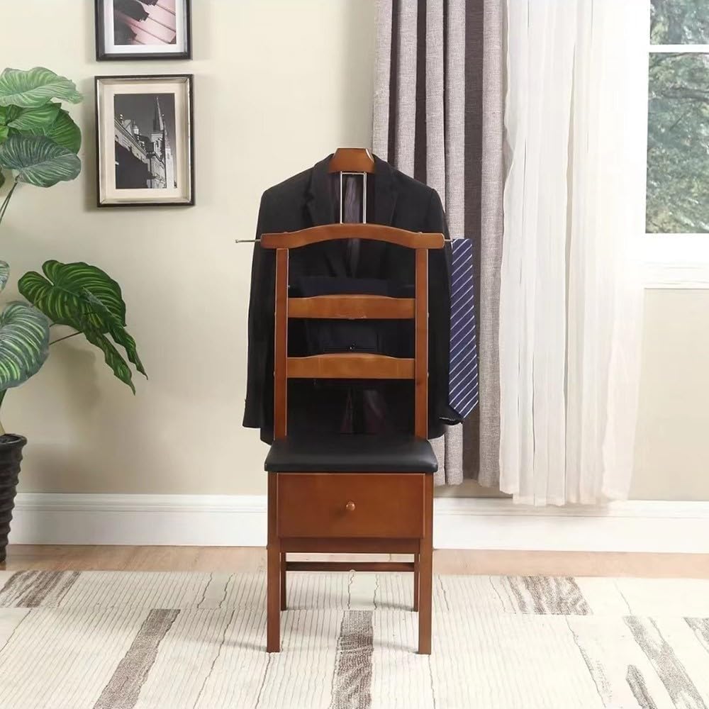 Wooden Chair Valet Stand with Hanger, Drawer & Trouser Bar - Mahogany Office Clothes Organizer 18