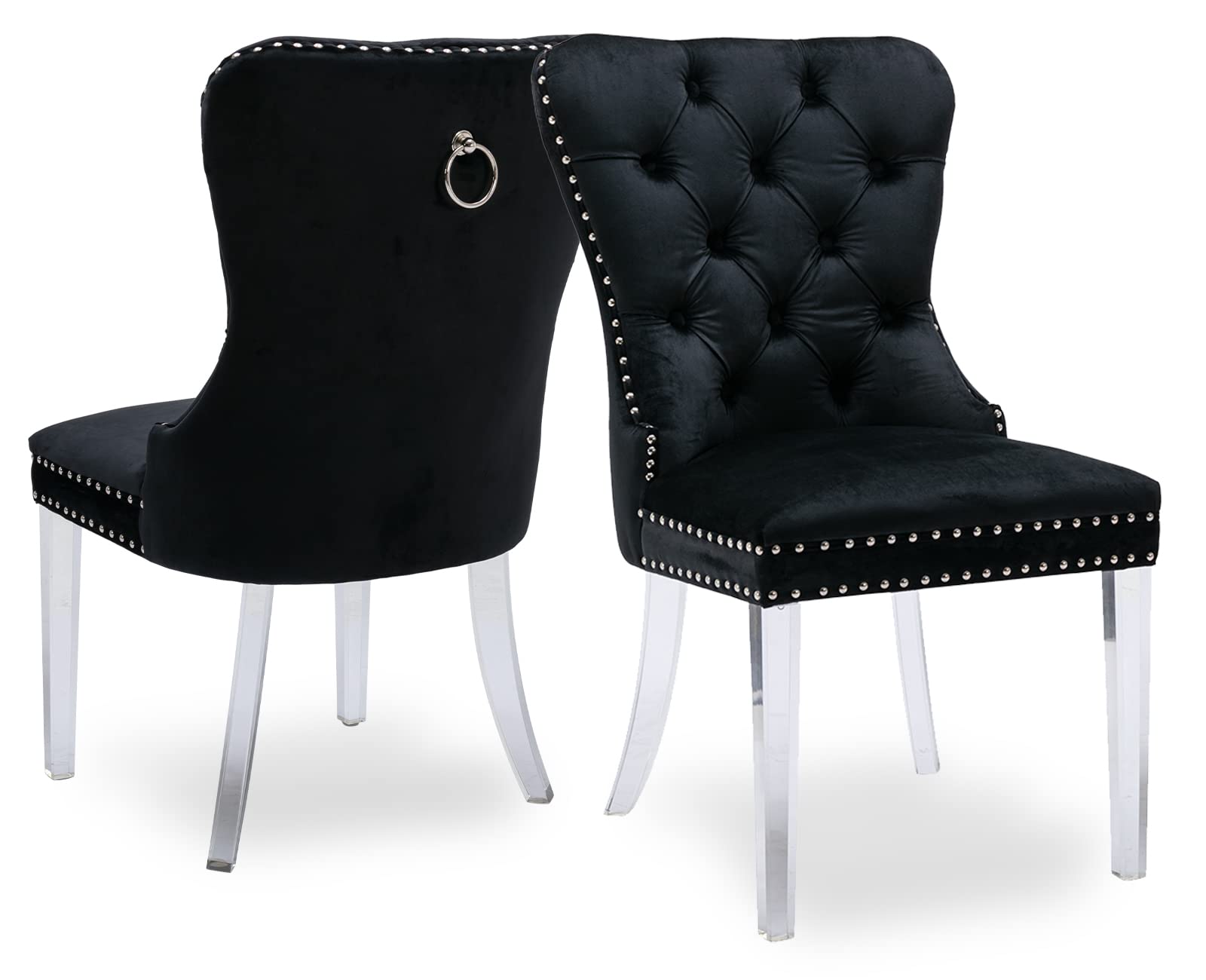 Velvet Upholstered Dining Chairs Set of 2 - Modern Armless Accent Chairs with Acrylic Ring Pull Legs for Living Room, Bedroom & Office - Elegant Black Home Decor