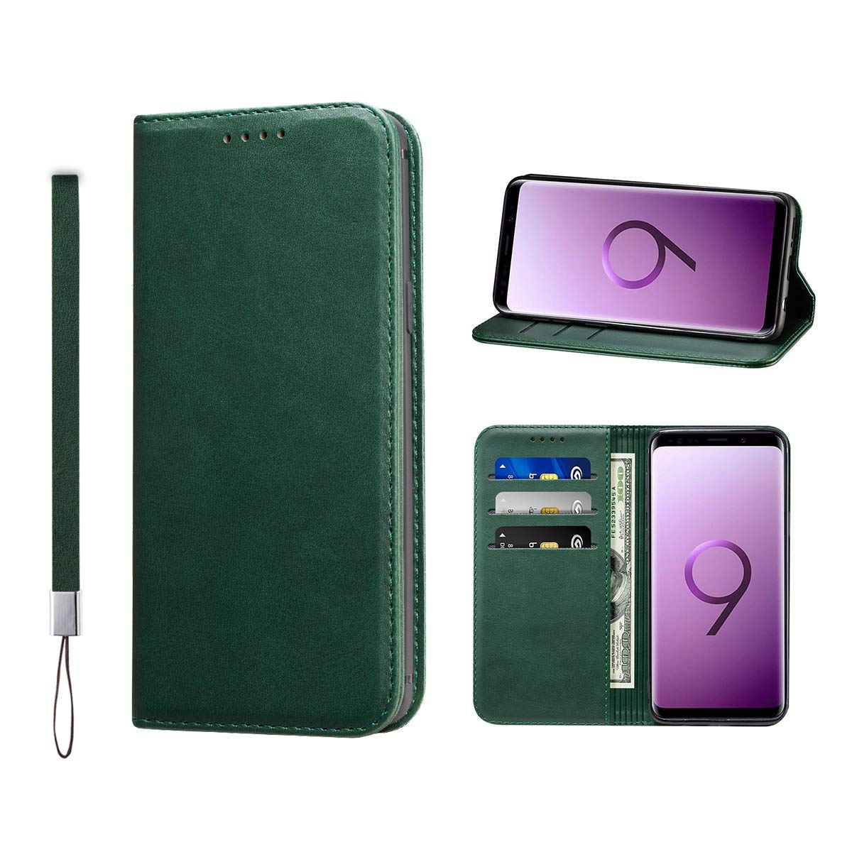 Premium Leather Wallet Case for Samsung Galaxy S9 Plus - Shockproof Flip Cover with Card Holder & Wrist Strap (Green) | Perfect for Daily Use, Travel & Business Meetings