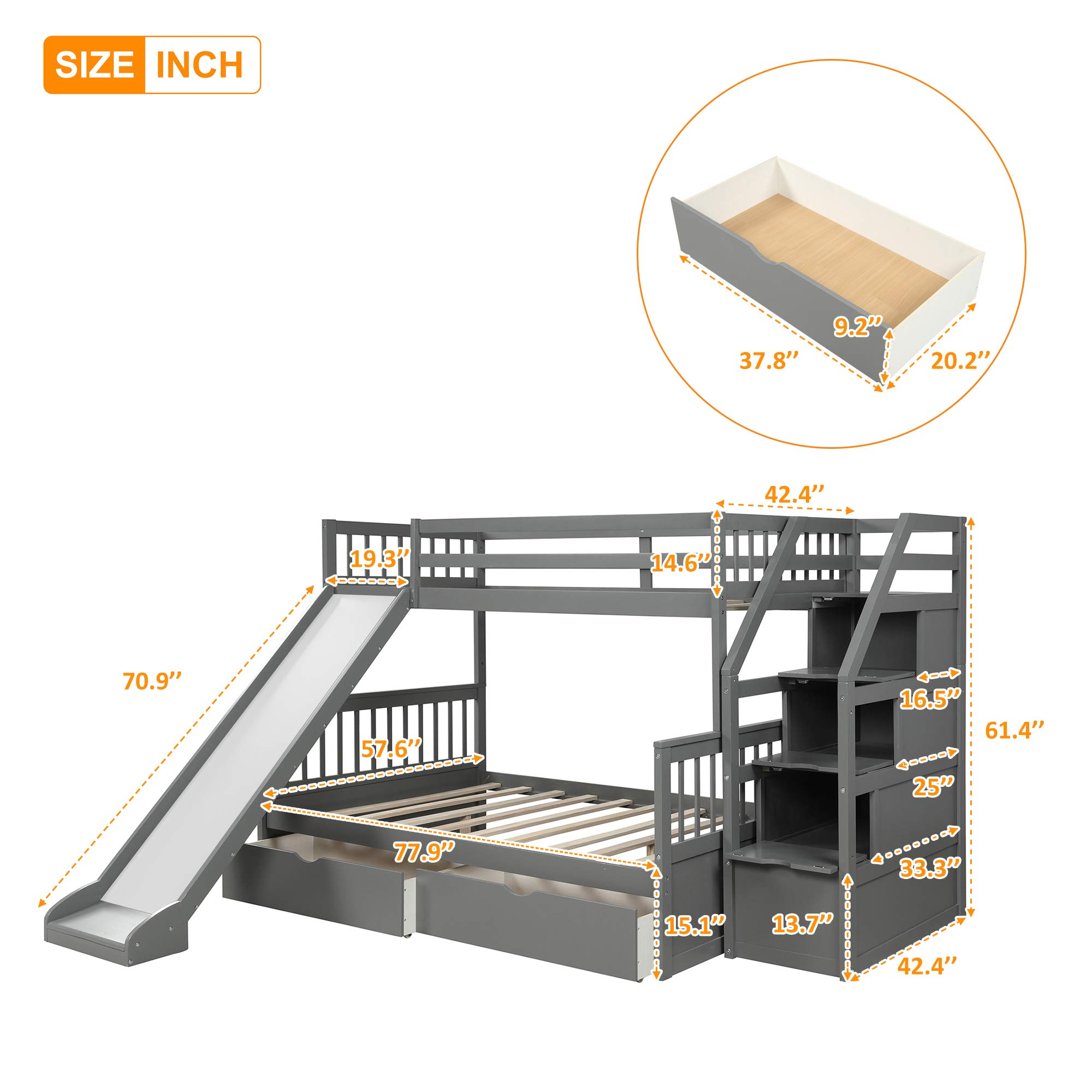Multifunctional Twin Over Full Bunk Bed with Stairs, 2 Drawers & Slide - Convertible Wood Loft Bed with Storage for Kids & Adults - Space-Saving Gray Bedroom Furniture for Small Rooms, Guest Rooms & Kids' Bedrooms