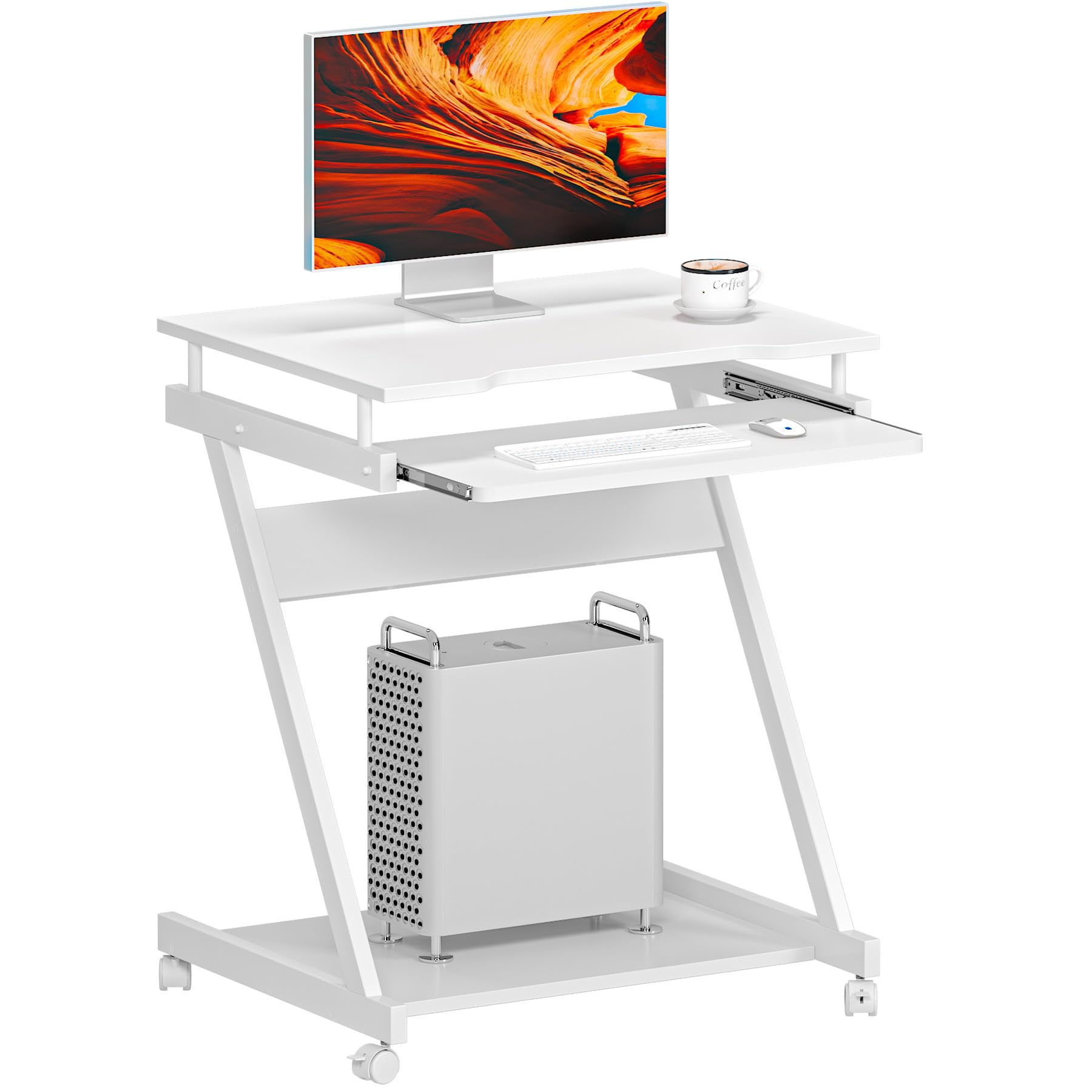 Soges Furniture Mobile Compact Computer Desk Cart - Portable Rolling Workstation with Printer Shelf & Keyboard Drawers for Small Spaces, Home & Office Use - White | Perfect for Dorm Rooms, Apartments, and Workspace Organization