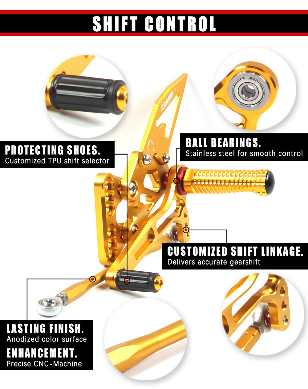 BMW S1000RR Adjustable Rear Sets Footpegs - Arashi V2.0 Rearsets for 2015-2019 S1000RR/HP4 Motorcycles | CNC Machined Gold Footrests | Track & Street Riding Accessories
