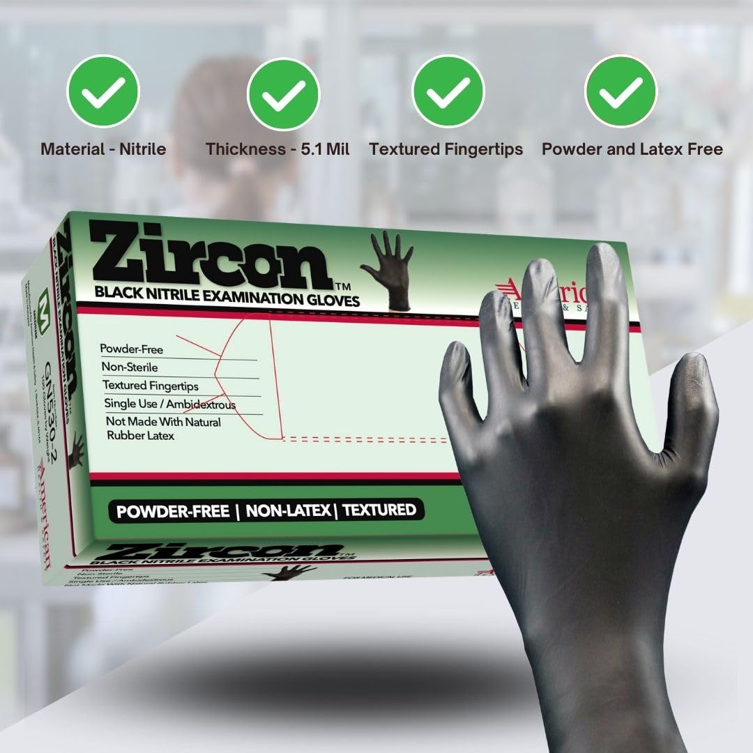 Zircon Black Nitrile Exam Gloves - 1000 Count, Fentanyl & Chemotherapy Resistant, Disposable Medical Gloves for Healthcare, Tattoo, Cleaning & Food Handling