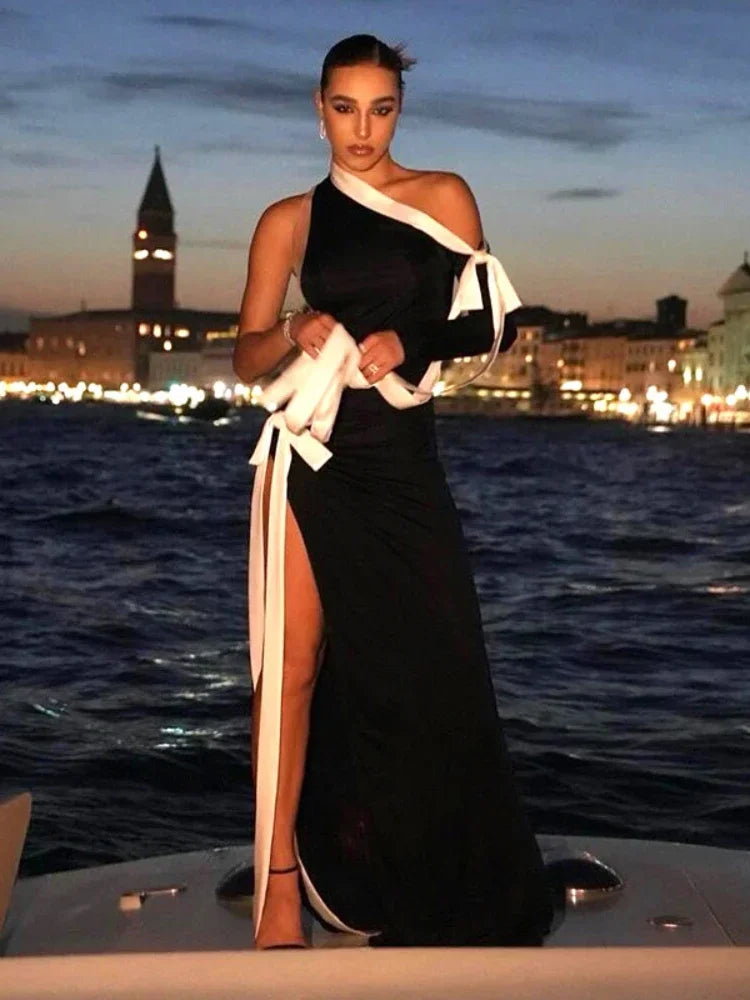 Elegant Black Asymmetrical Bow Tie One Sleeve Split Maxi Dress for Women | Evening Party Gown | Fall 2024 Fashion | Perfect for Cocktail Parties, Weddings & Formal Events | Size C85 EI44