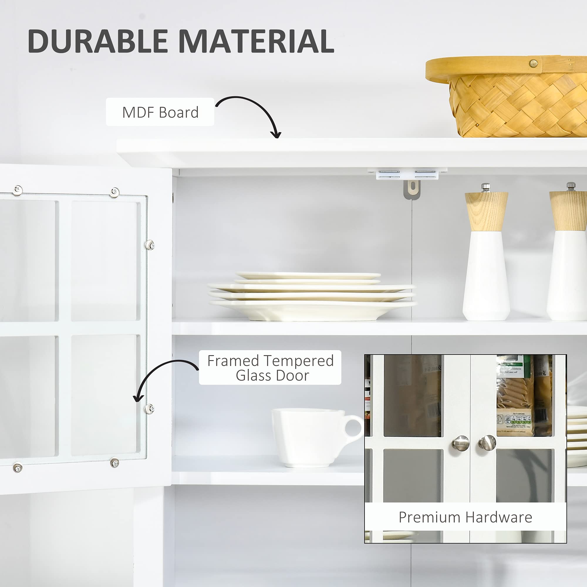 HOMCOM Wooden Kitchen Cupboard with Glass Door & Drawer - Microwave Storage Cabinet for Dining Room & Living Room - White - Perfect for Small Space Organization & Home Decor