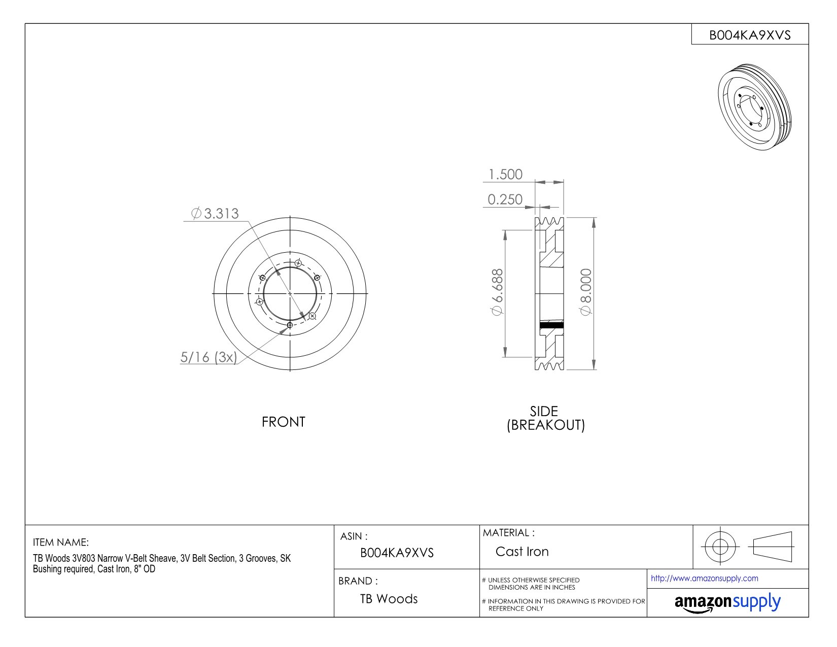 3V1403 Narrow V-Belt Sheave - 3V Belt Section, 3 Grooves with SK Bushing | Cast Iron Pulley 14.00