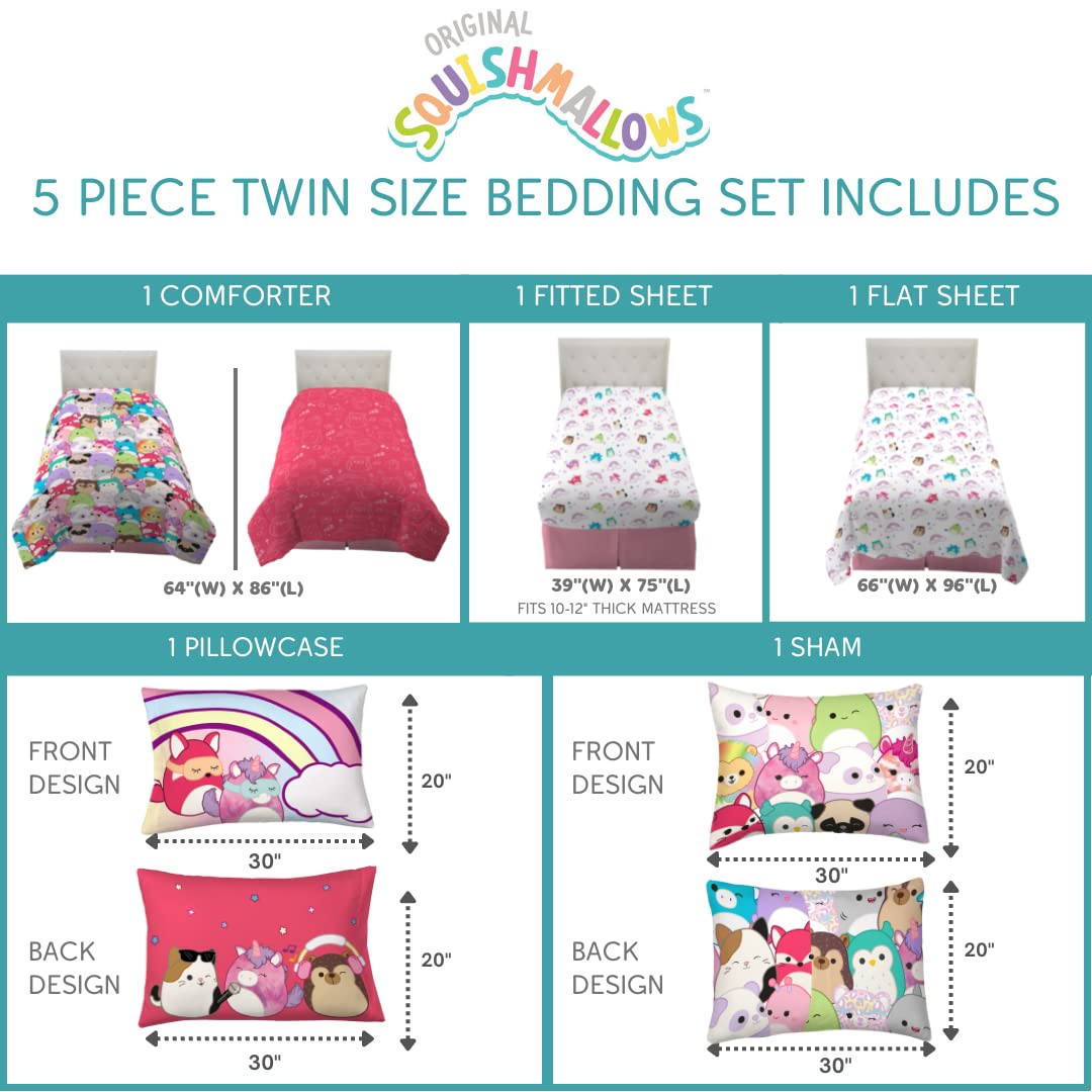 Premium Franco Squishmallows Bedding Set - Ultra Soft Comforter & Sheet Set with Sham, 5-Piece Twin Size for Kids & Teens - Perfect for Cozy Bedrooms, Sleepovers & Dorm Rooms