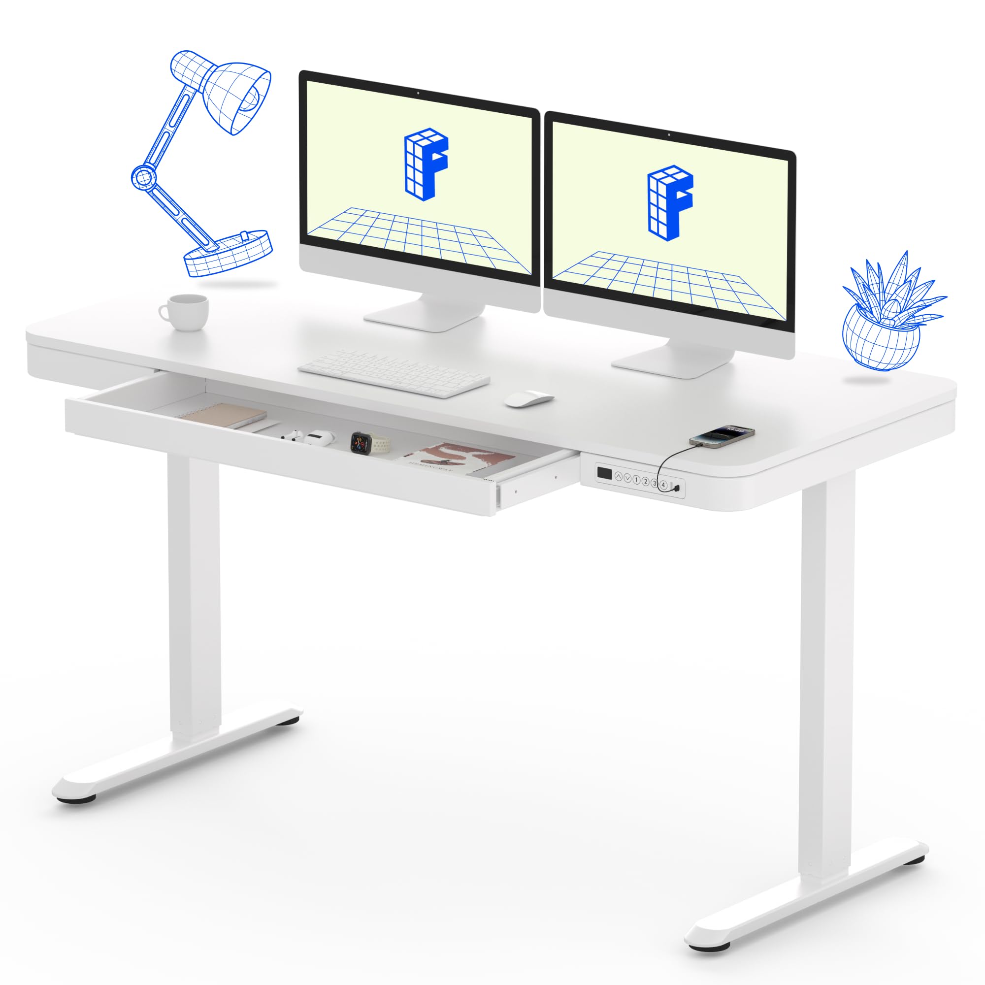 FLEXISPOT 55 Inch White Electric Adjustable Height Standing Desk with Storage Drawers & USB Charging Port | Quick Assembly Home Office Desk | Ergonomic Sit Stand Workstation for Small Spaces (White Top + Comhar Frame) - Perfect for Remote Work, Gaming Setup & Study Room