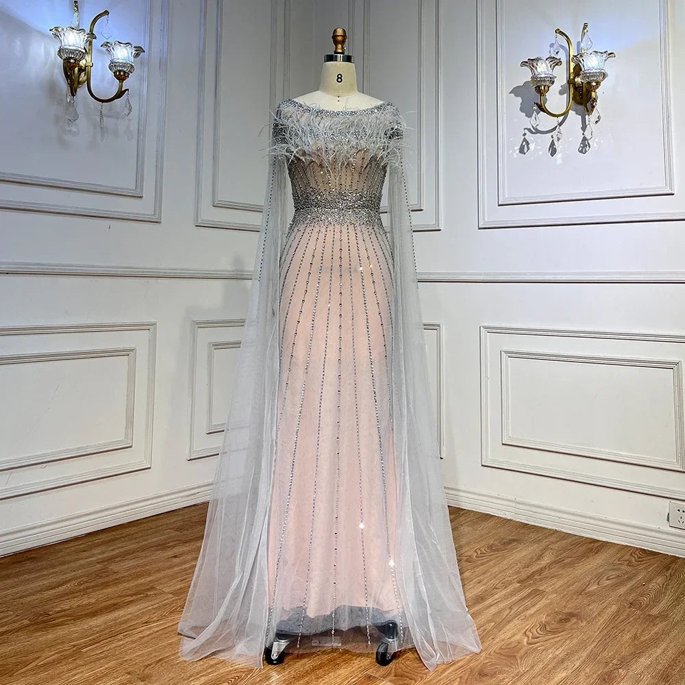 Elegant White Mermaid Evening Dress with Feather Cape & Beaded Details - Women's Formal Gown for Prom, Wedding & Special Occasions - Serene Hill LA71724