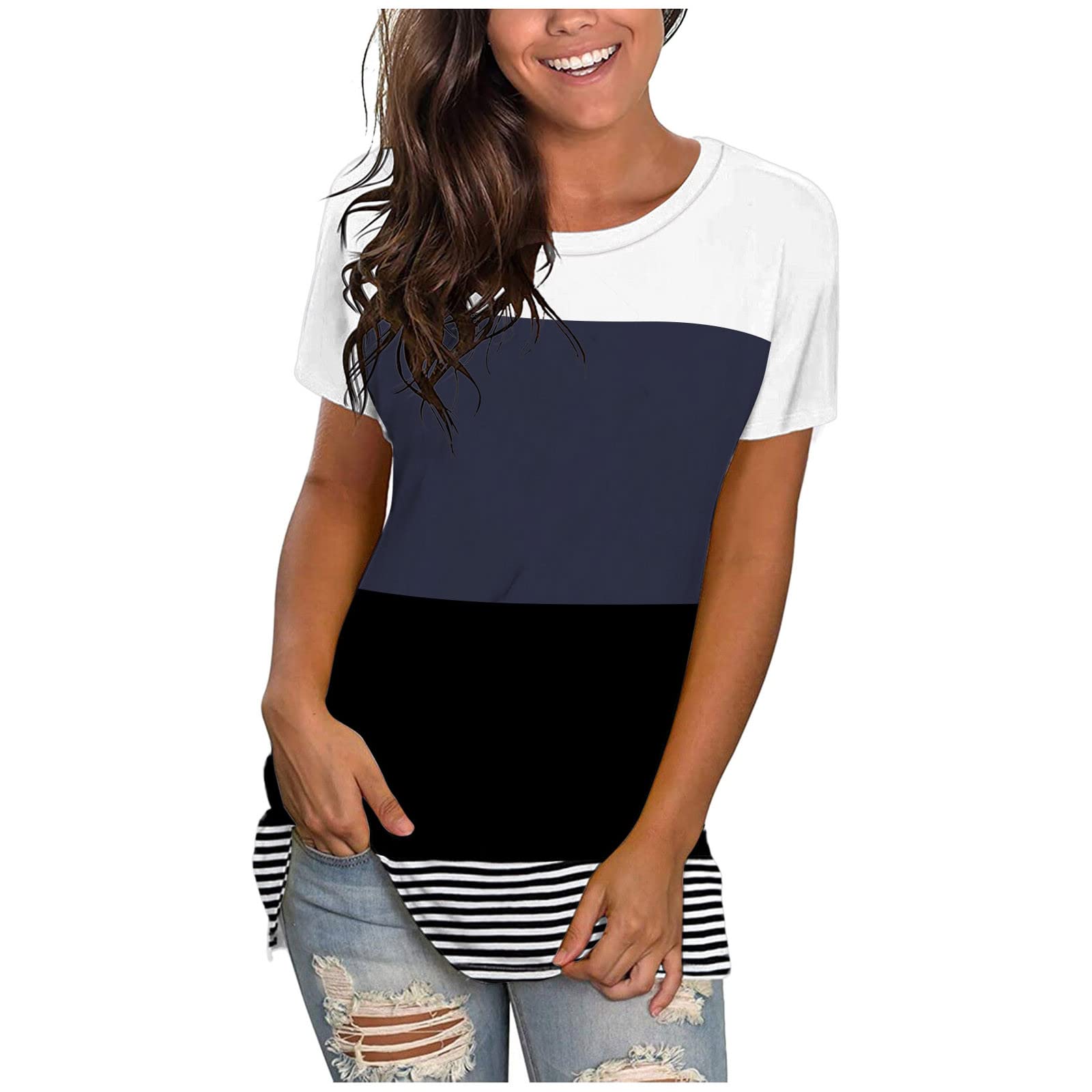 Women's Summer Tops - Basic Short Sleeve Striped Color Block Blouses & Plus Size Loose Casual T-Shirts | Perfect for Beach, Vacation & Everyday Wear
