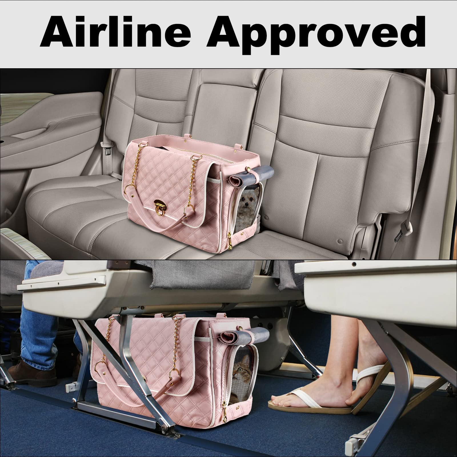 Stylish Pink PU Leather Small Dog Carrier Purse - Airline Approved Pet Travel Bag with 2 Large Pockets for Puppies & Cats (Holds Up to 10lbs) - Perfect for Air Travel, Shopping & Daily Outings