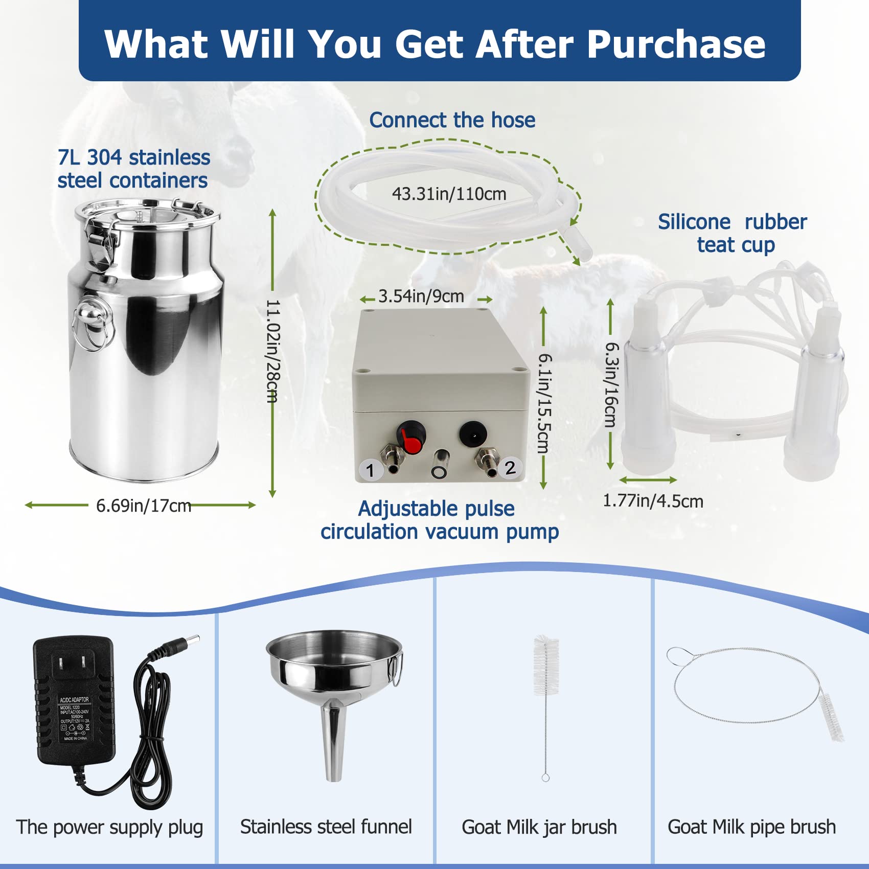 2025 Upgraded 7L Electric Goat Milking Machine - Adjustable Suction Pulsation Vacuum System with Stainless Steel Bucket | Portable Livestock Milker for Small Farms & Homesteads (US Plug) | Perfect for Dairy Goats, Sheep & Small Livestock