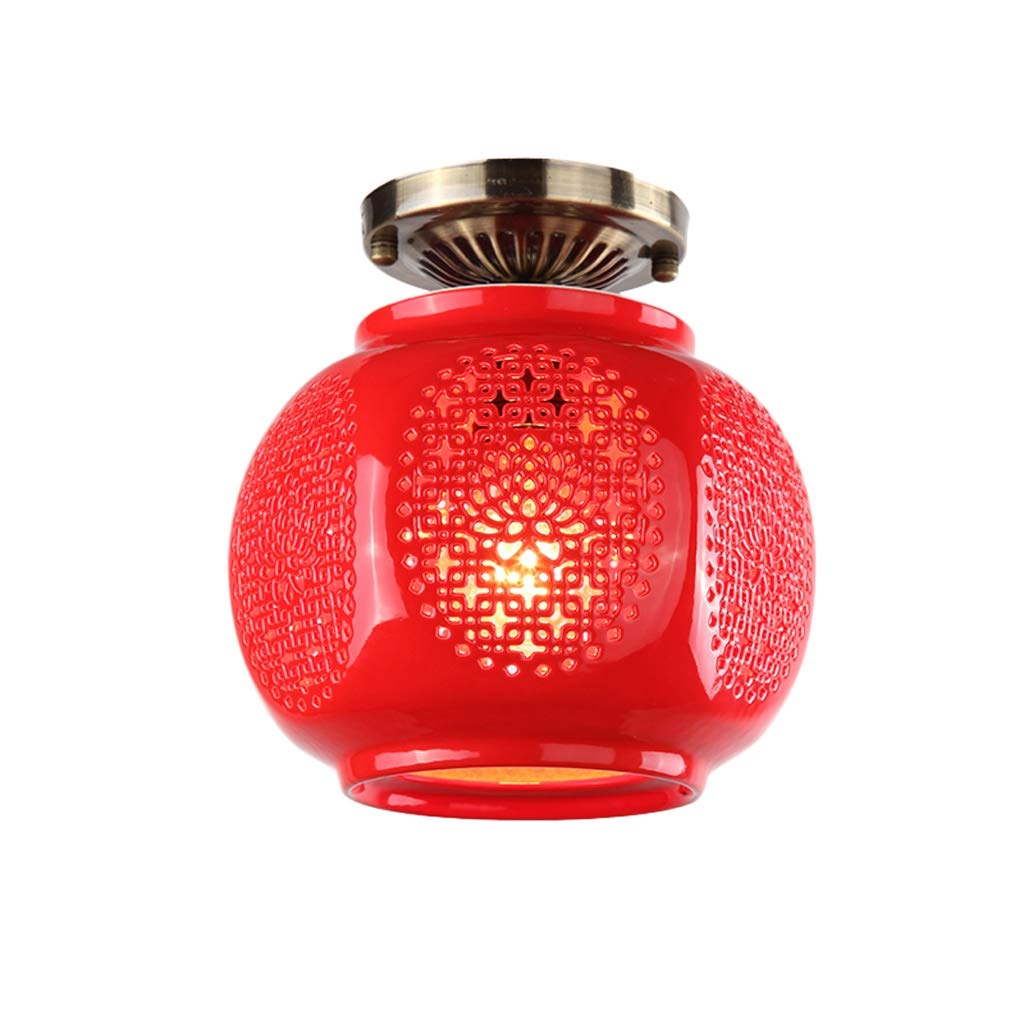 Hand-Carved Chinese Style Red Lantern Ceiling Light - Ceramic E27 Energy Saving Lamp for Balcony, Porch, Hall & Dining Room | Vintage Asian Decor & Festive Lighting