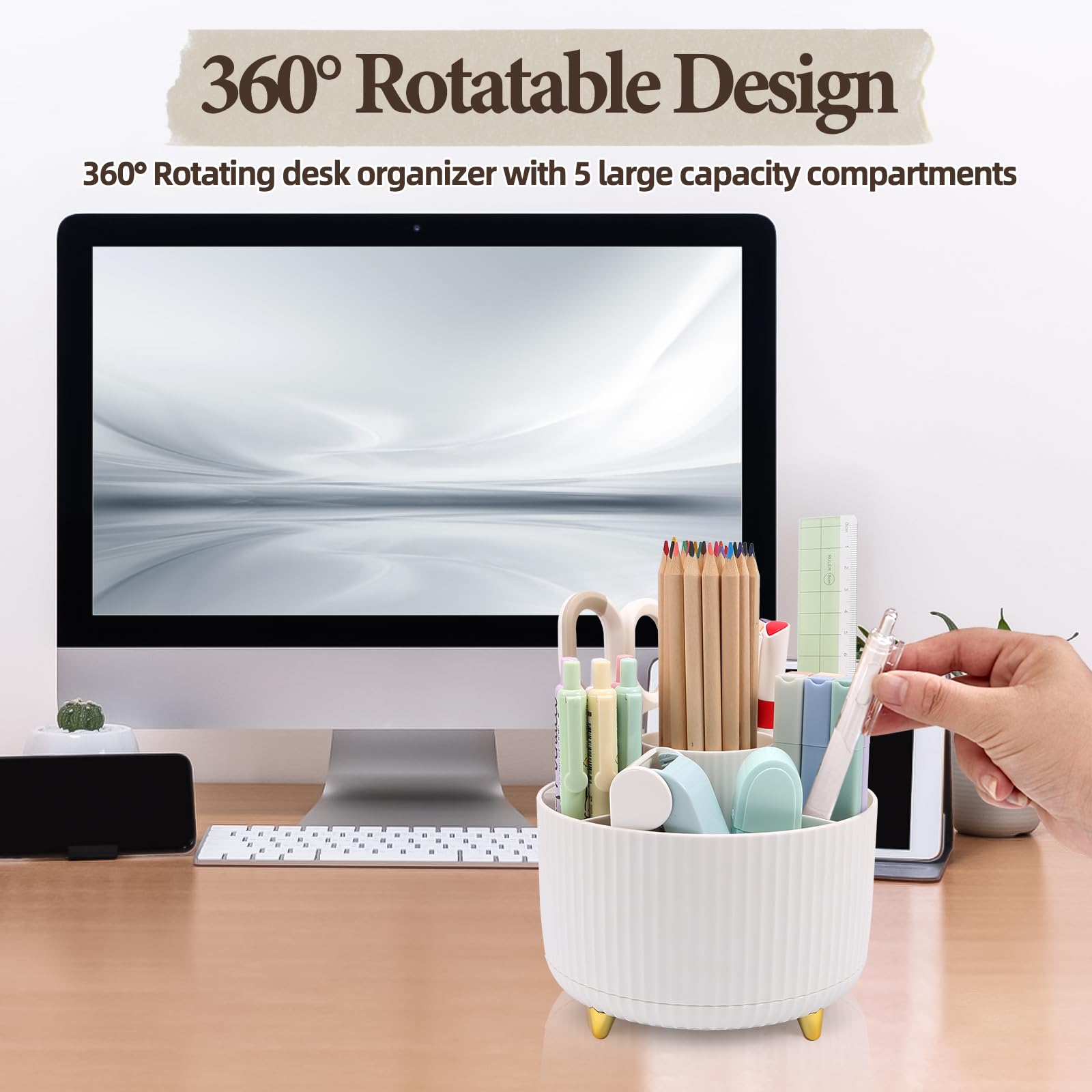 360° Rotating Makeup Brush Organizer with 5 Slots - White Cosmetic Brush Storage Holder & Cute Pencil Cup for Vanity Desk - Perfect for Makeup Brushes, Pens, and Desk Accessories Organization
