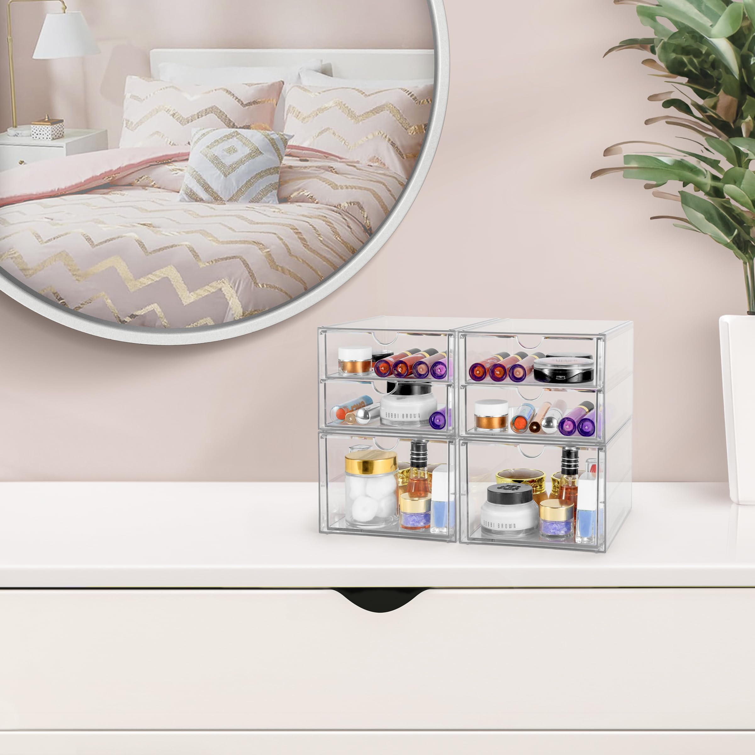 Sorbus 6-Drawer Acrylic Makeup Organizer - Stackable Storage Bins for Cosmetics, Office Supplies, Jewelry & Art Materials - Clear Plastic Drawers for Vanity, Desk & Bathroom Organization (4-Piece Set)