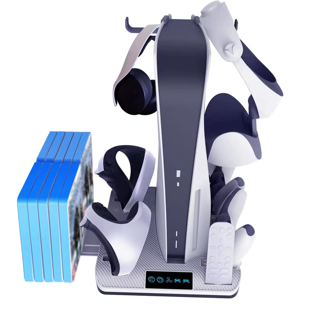 PS5 Cooling Stand with Dual Controller Charger & VR2 Headset Storage - Compatible with PS5/PS VR2 Accessories - Perfect for Gaming Sessions & VR Entertainment Setup