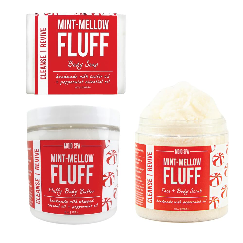 Mojo Spa Mint Mellow Fluff Large Gift Set - 3 Natural Handmade Bath & Body Products: Exfoliating Face & Body Scrub, Nourishing Body Butter, Cleansing Soap Bar | Perfect for Relaxation, Self-Care & Spa Gifts
