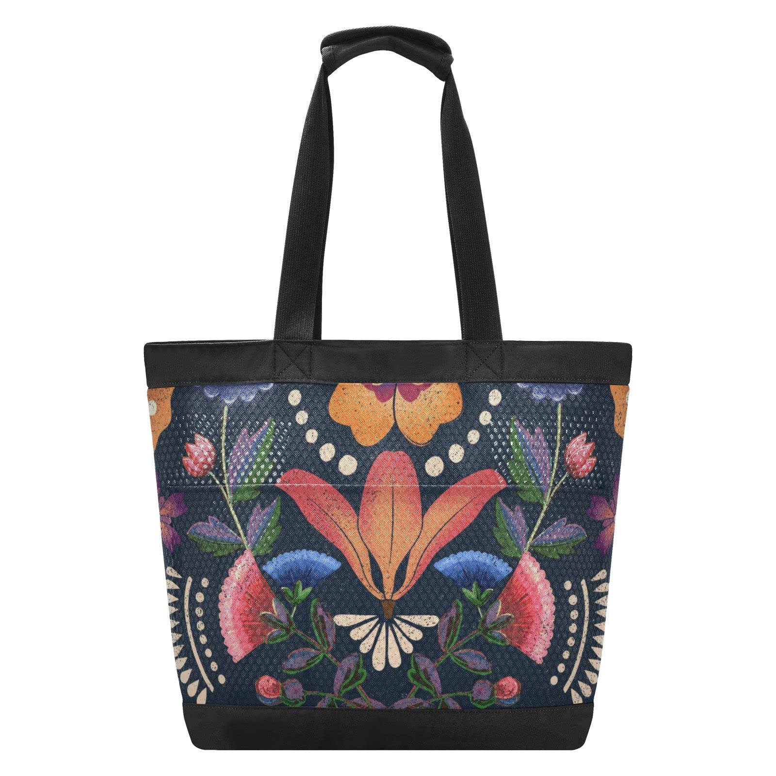 Stylish Mexican Ethnic Flower Beach Tote Bag for Women - Sandproof, Large Capacity with Multiple Pockets & Zipper Closure (14.3×7.5×15 inches, Black) - Perfect for Travel, Grocery Shopping & Summer Beach Outings