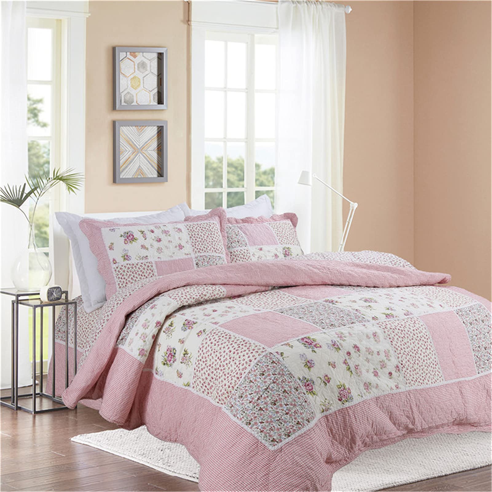 ABREEZE Cotton Quilt Set - Shabby Chic Rose Floral Bedspread, Pink Victorian Coverlet & Comforter Set for Full/Queen Beds | Perfect for Master Bedroom, Guest Room & Farmhouse Decor
