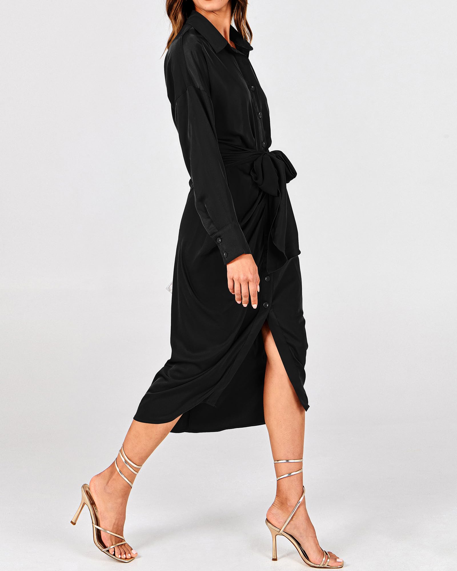 BTFBM Women's Elegant Long Sleeve Satin Maxi Dress - V Neck Lapel Button Down Ruched Belted Shirt Dress for Spring Summer 2025 | Perfect for Weddings, Parties & Office Wear