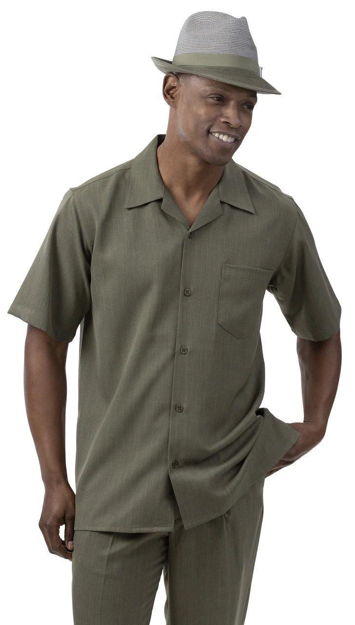 Montique Men's 2-Piece Short Sleeve Walking Suit - Solid Olive Green Casual Outfit for Summer, Travel & Outdoor Activities