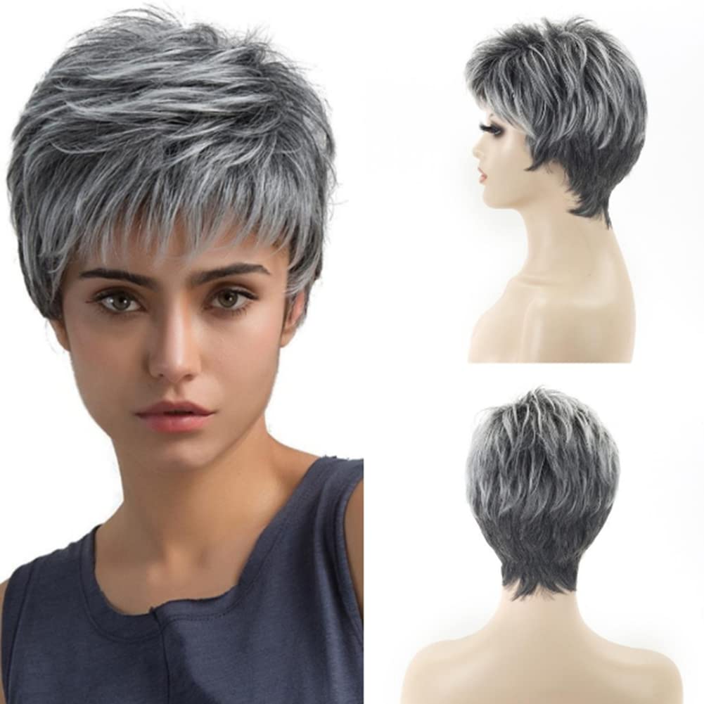 Grey Wig with Oblique Bangs - Fluffy Short Hair Black to Silver Gradient Wig for Women | Natural Daily Use Wig for Girls & Middle-Aged Women | Perfect for Cosplay, Parties & Everyday Styling