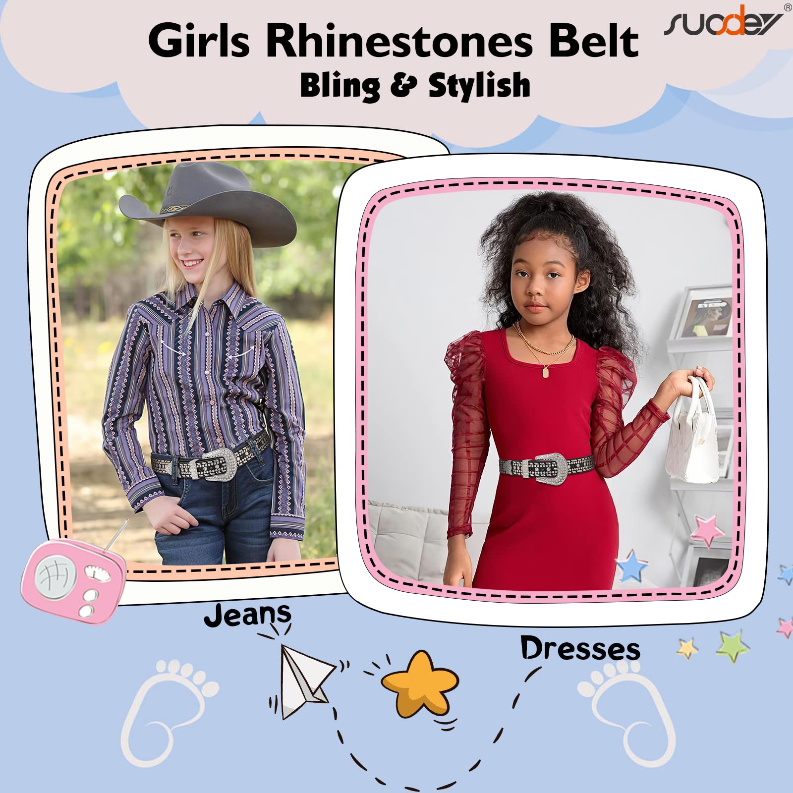 SUOSDEY Sparkling Rhinestone Belt for Girls & Boys - Western Cowgirl Cowboy Studded Leather Belt for Kids | Perfect for Birthday Parties, Rodeo Events & Western Fashion Outfits