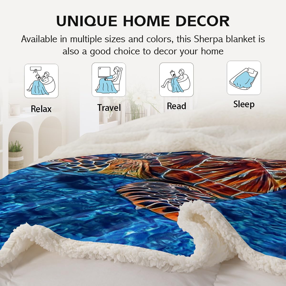 Soft Plush Turtle Sherpa Blanket for Adults & Kids - Cozy Blue Sea Turtle Throw Blanket, Twin Size 60x80 Inches - Perfect for Bed, Couch, Beach & Gifts for Turtle Lovers